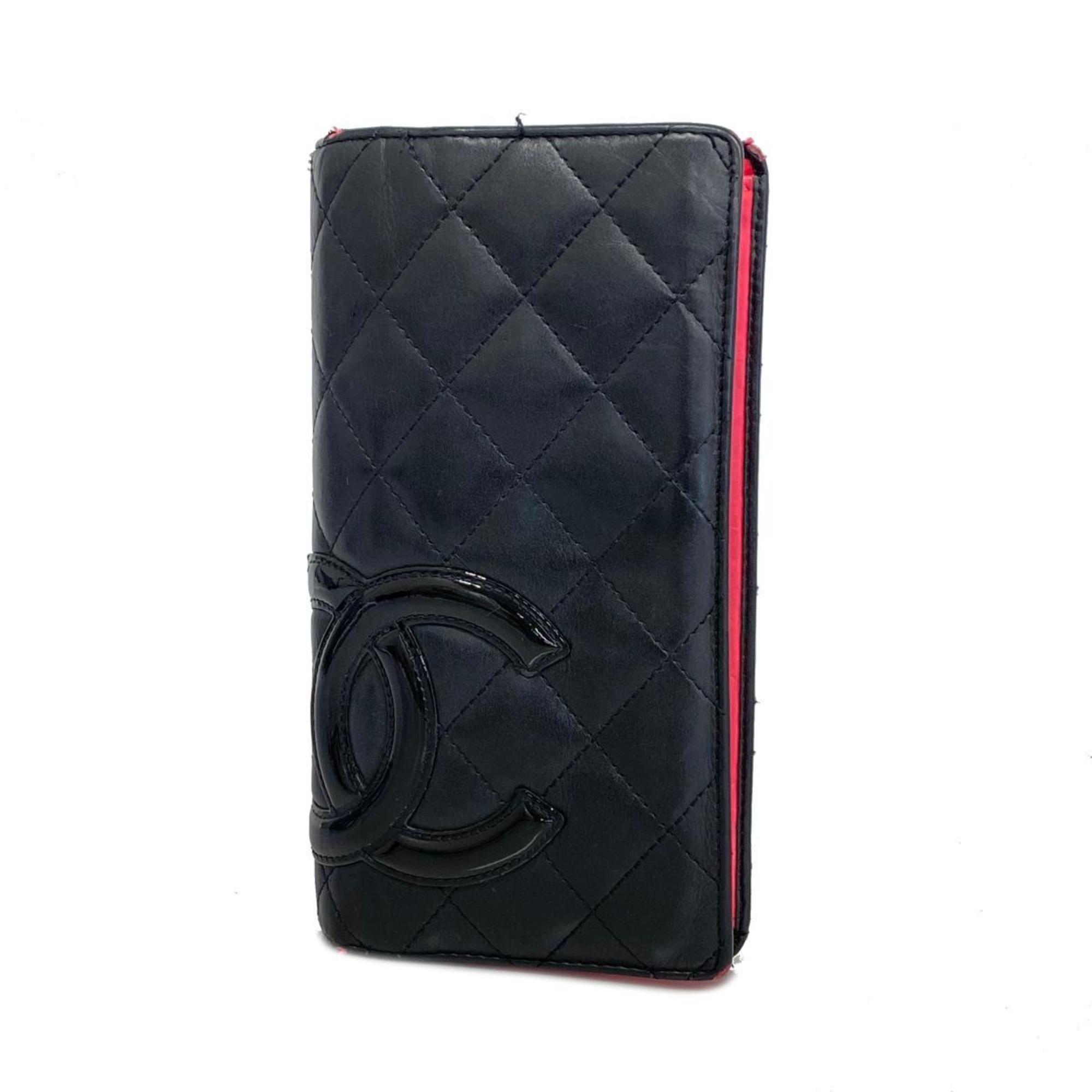 Long Wallet Cambon Lambskin Patent Leather Black Pink Women's