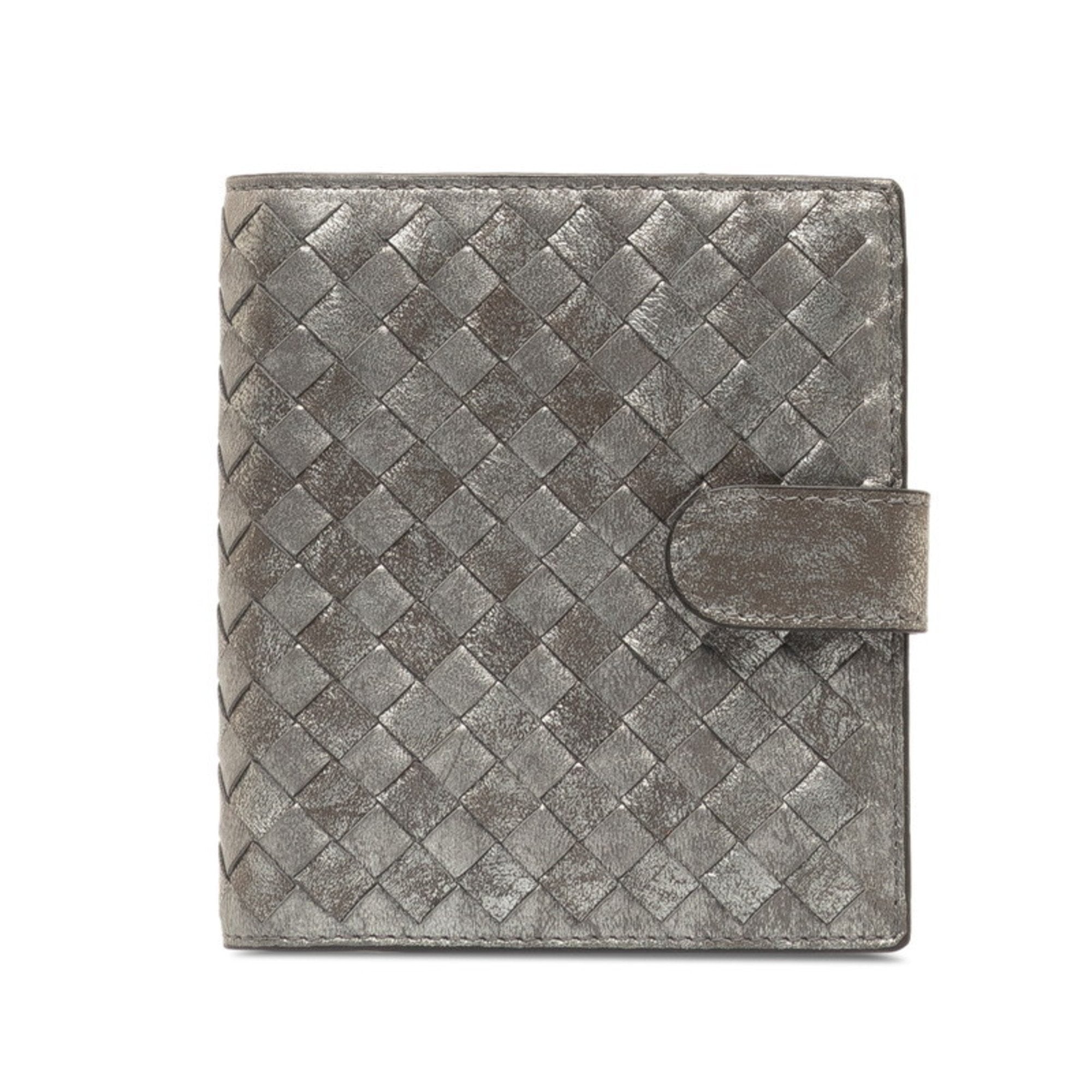 Intrecciato Bi-fold Wallet Compact Silver Leather Women's BOTTEGAVENETA