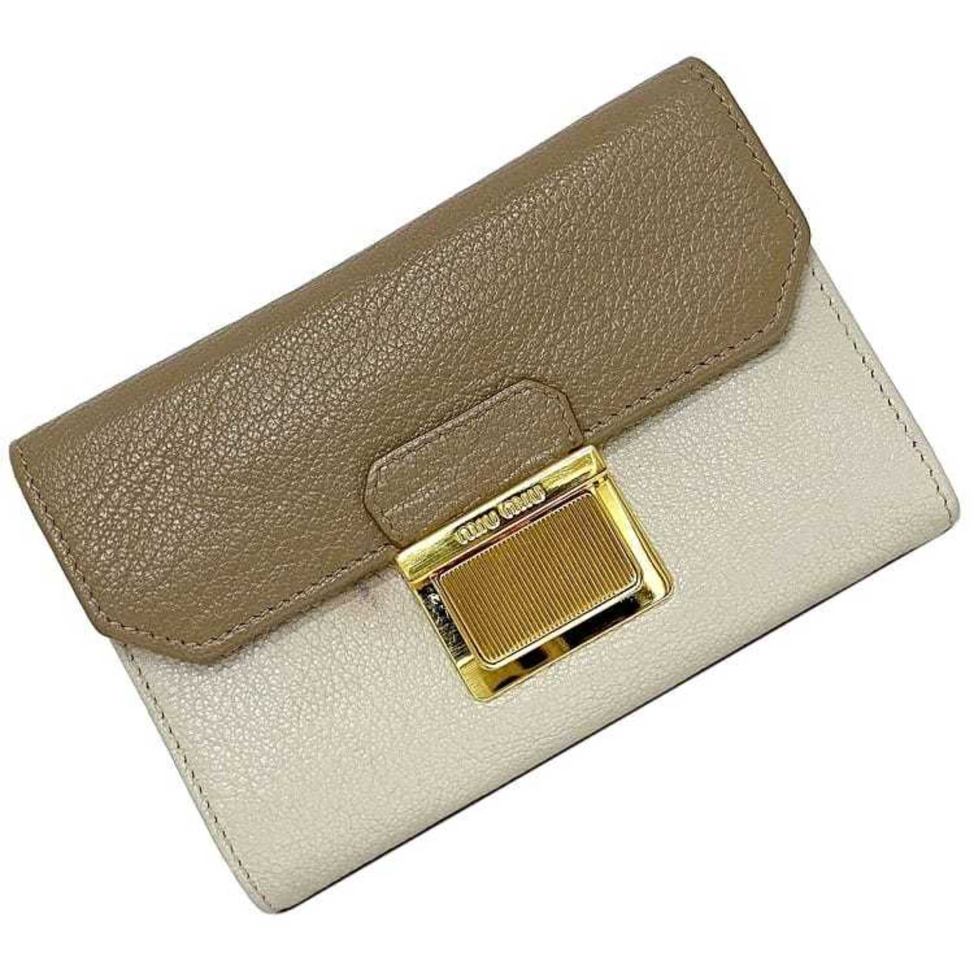 Miu Trifold Wallet Brown L-shaped Leather Miu Bicolor Women's Compact