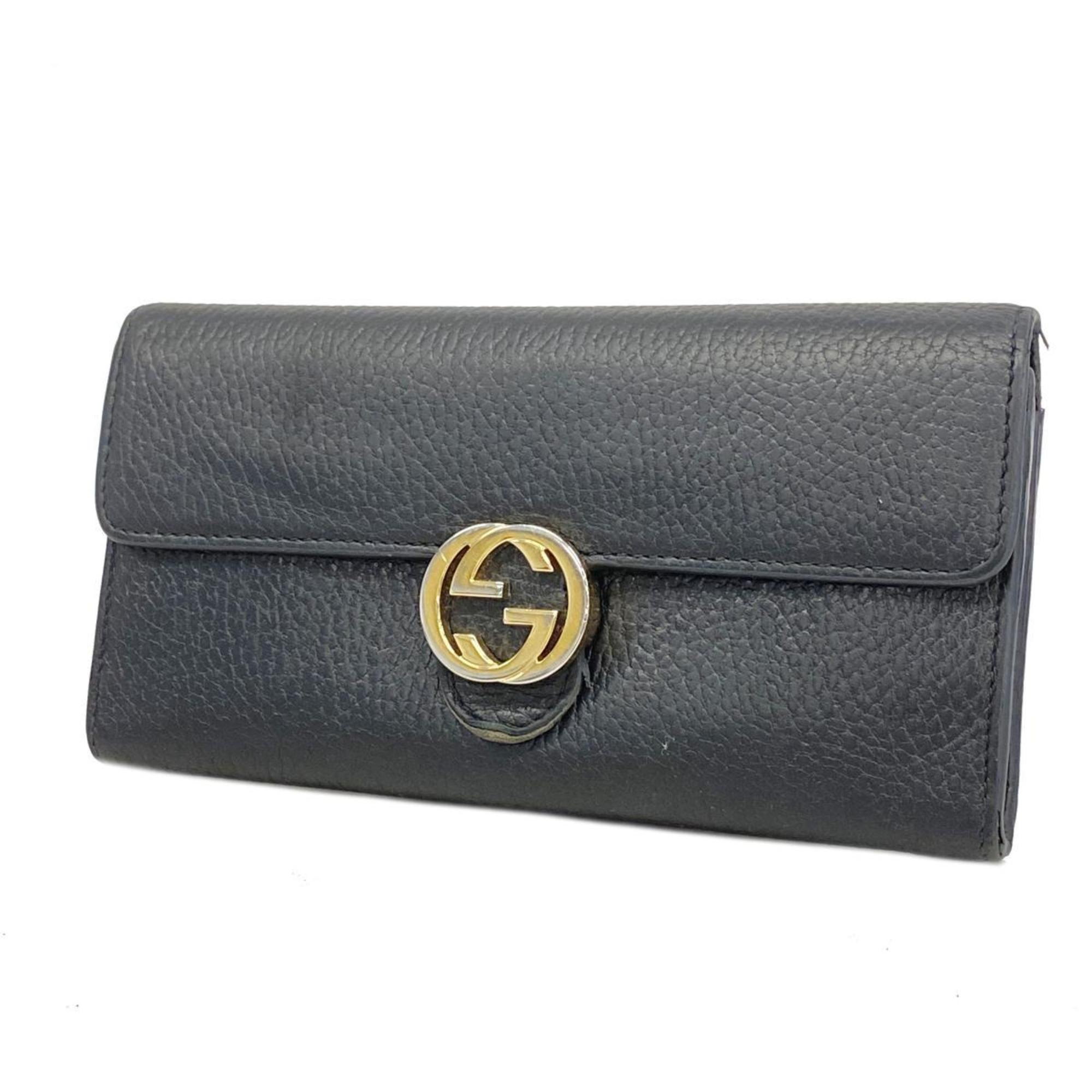 Long Wallet Interlocking G 598166 Leather Black Champagne Women's