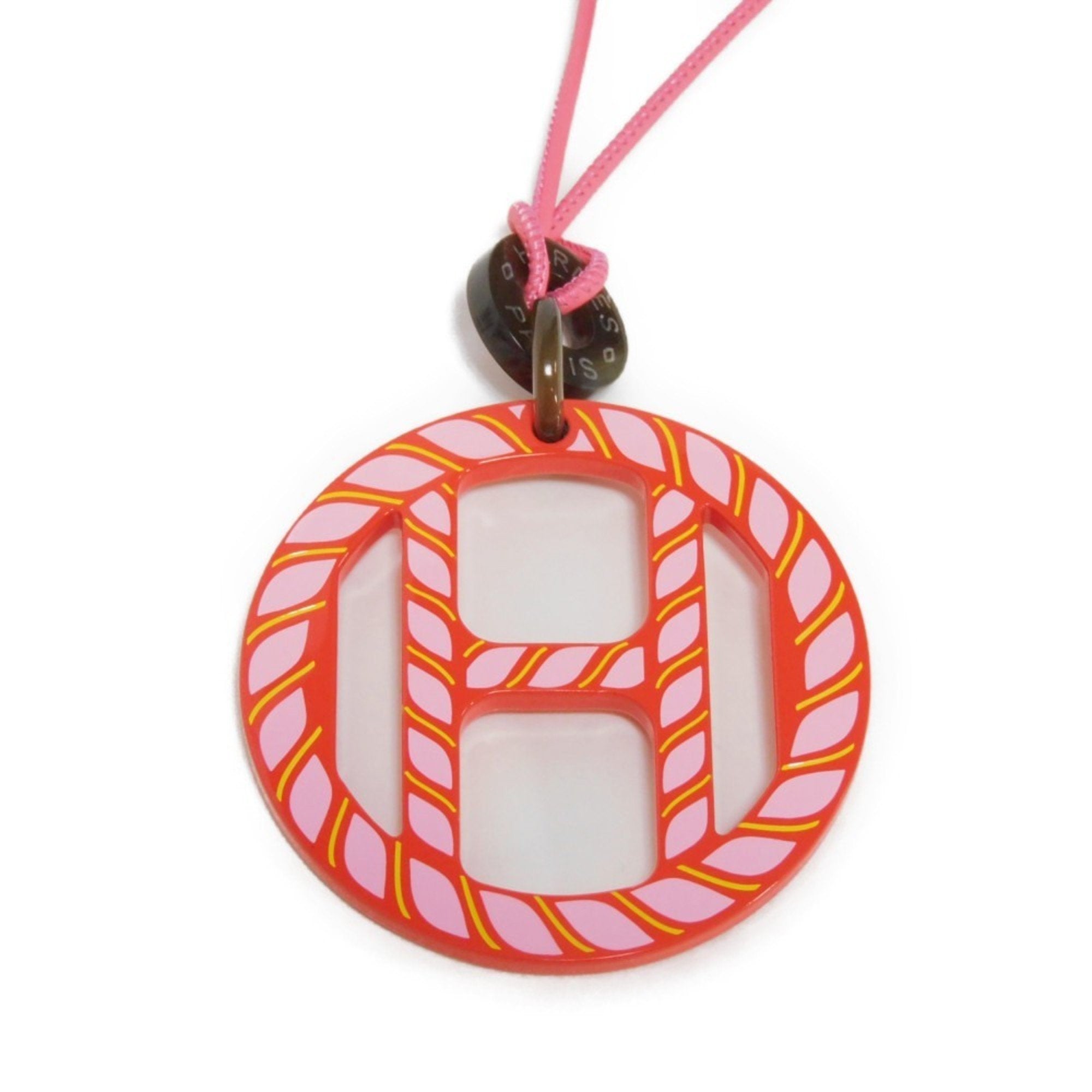 image of HERMES Necklace H Equipe Nautic Mark Pendant Pink Red Rope Buffalo Horn Lacquer Tropic Women's