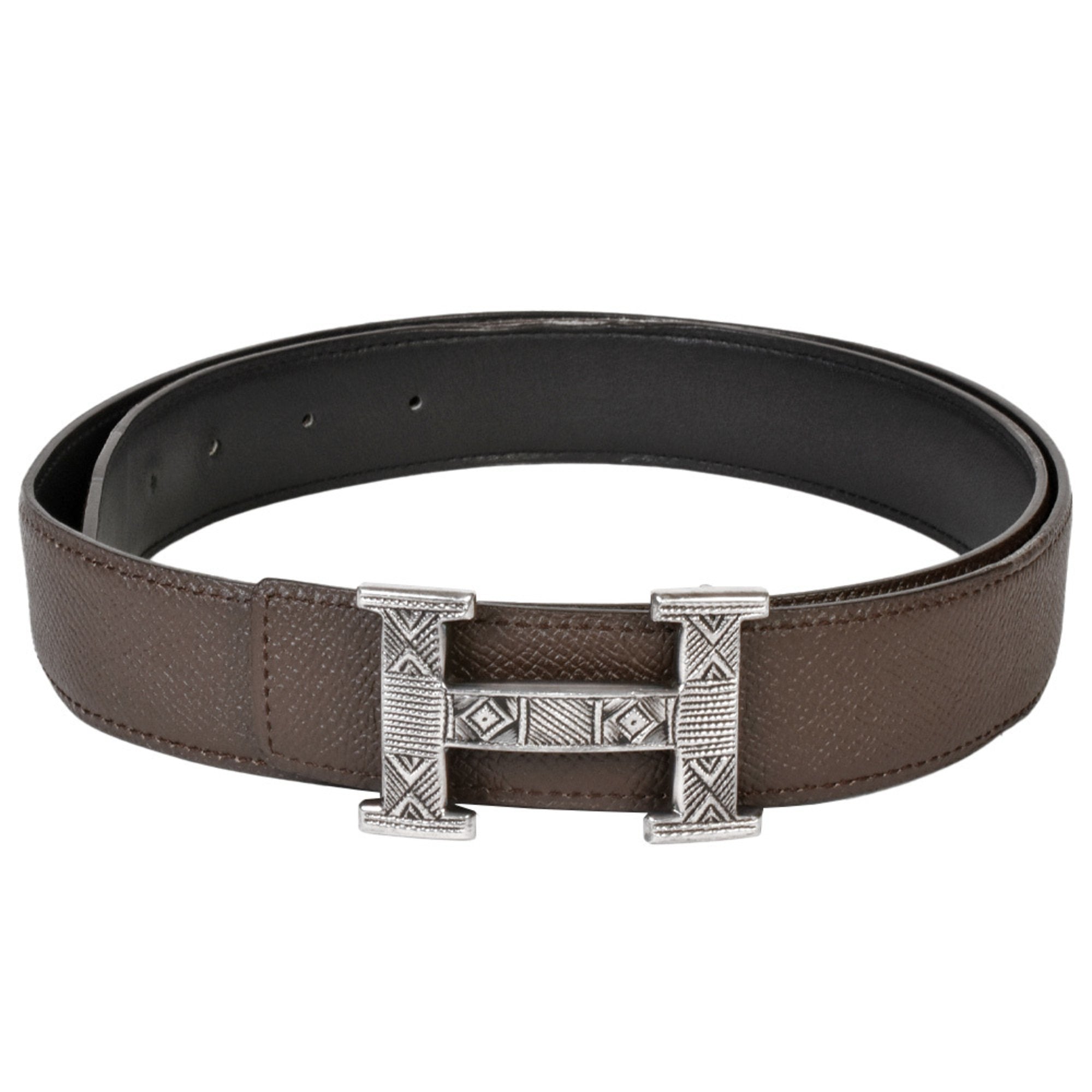 image of HERMES Touareg H Belt, Epsom Leather, Swift, Silver 925, 105cm, T Engraved, Brown, Reversible, Men'