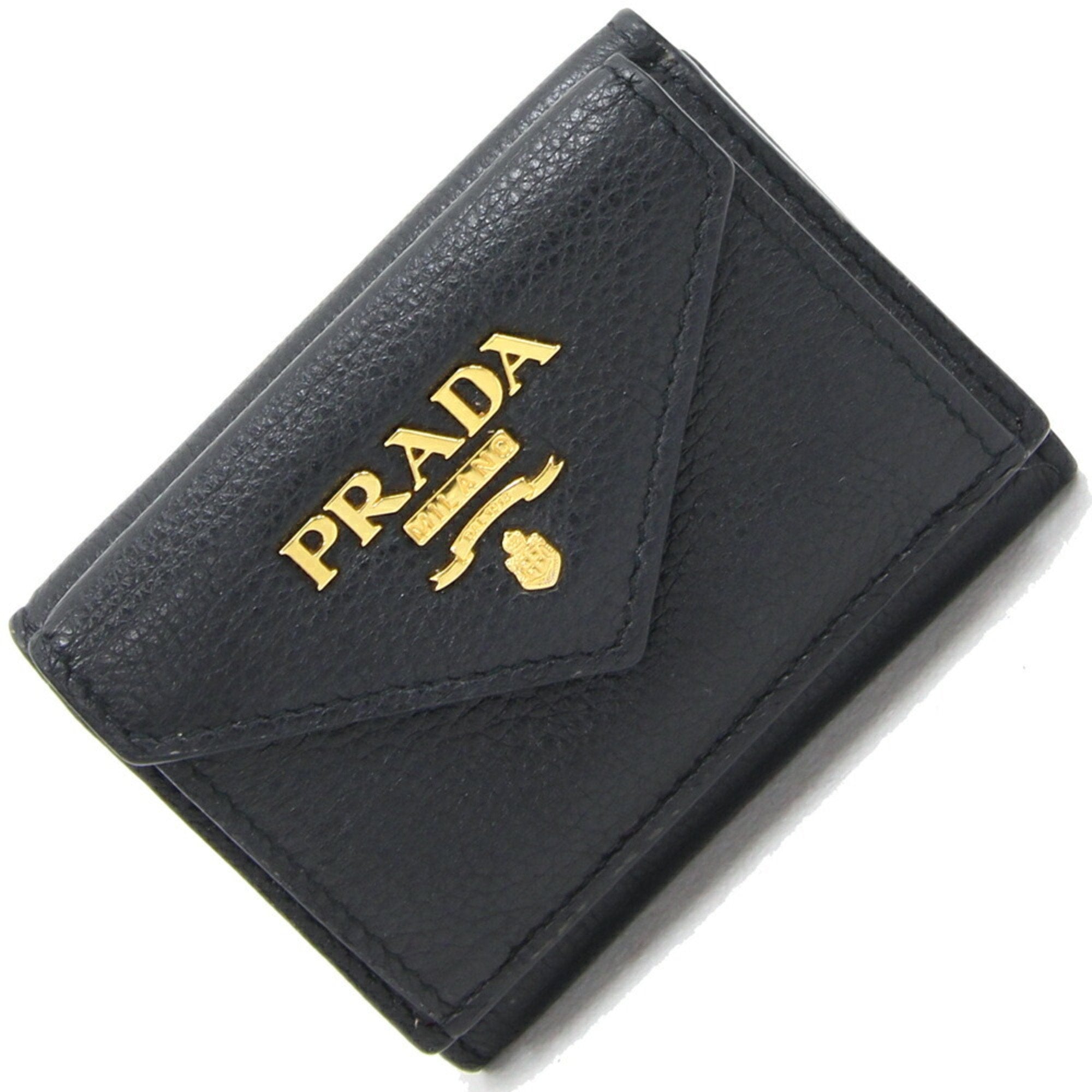 Tri-fold Wallet 1MH021 Black Leather Compact Women's