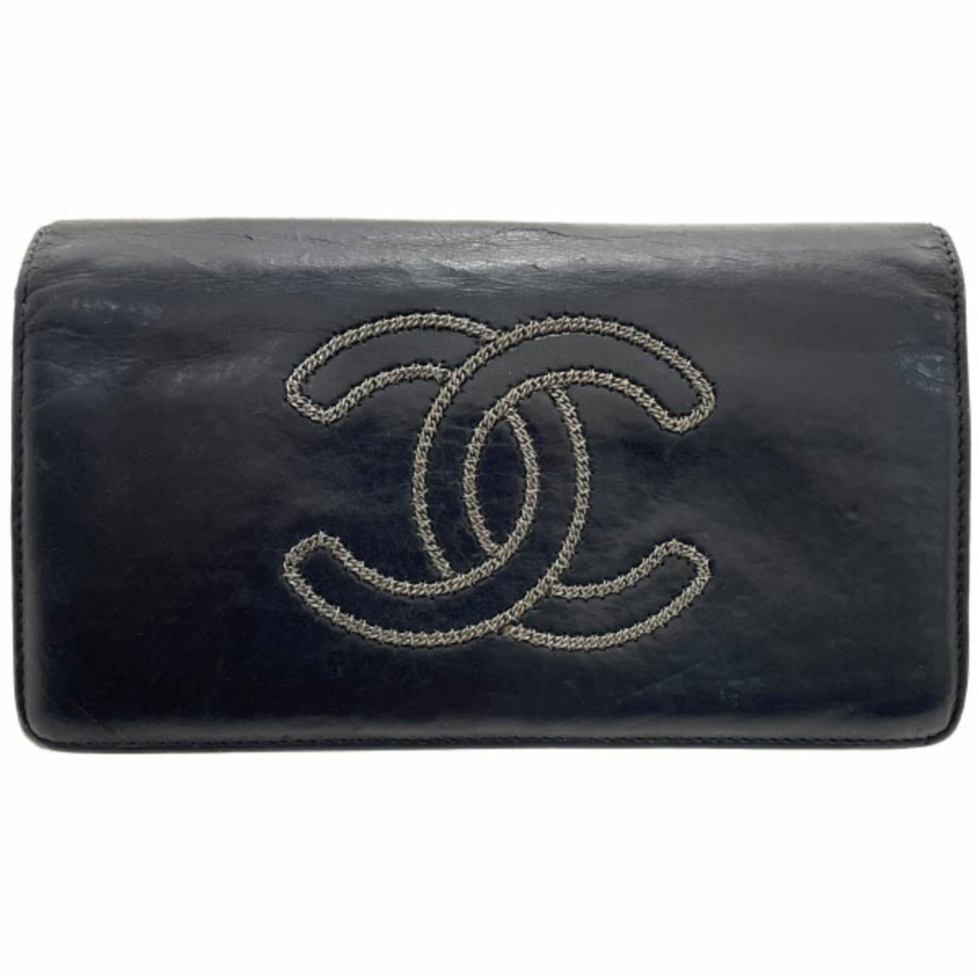 Long Wallet Chain Mark Bi-fold Leather Black CC MM-13098