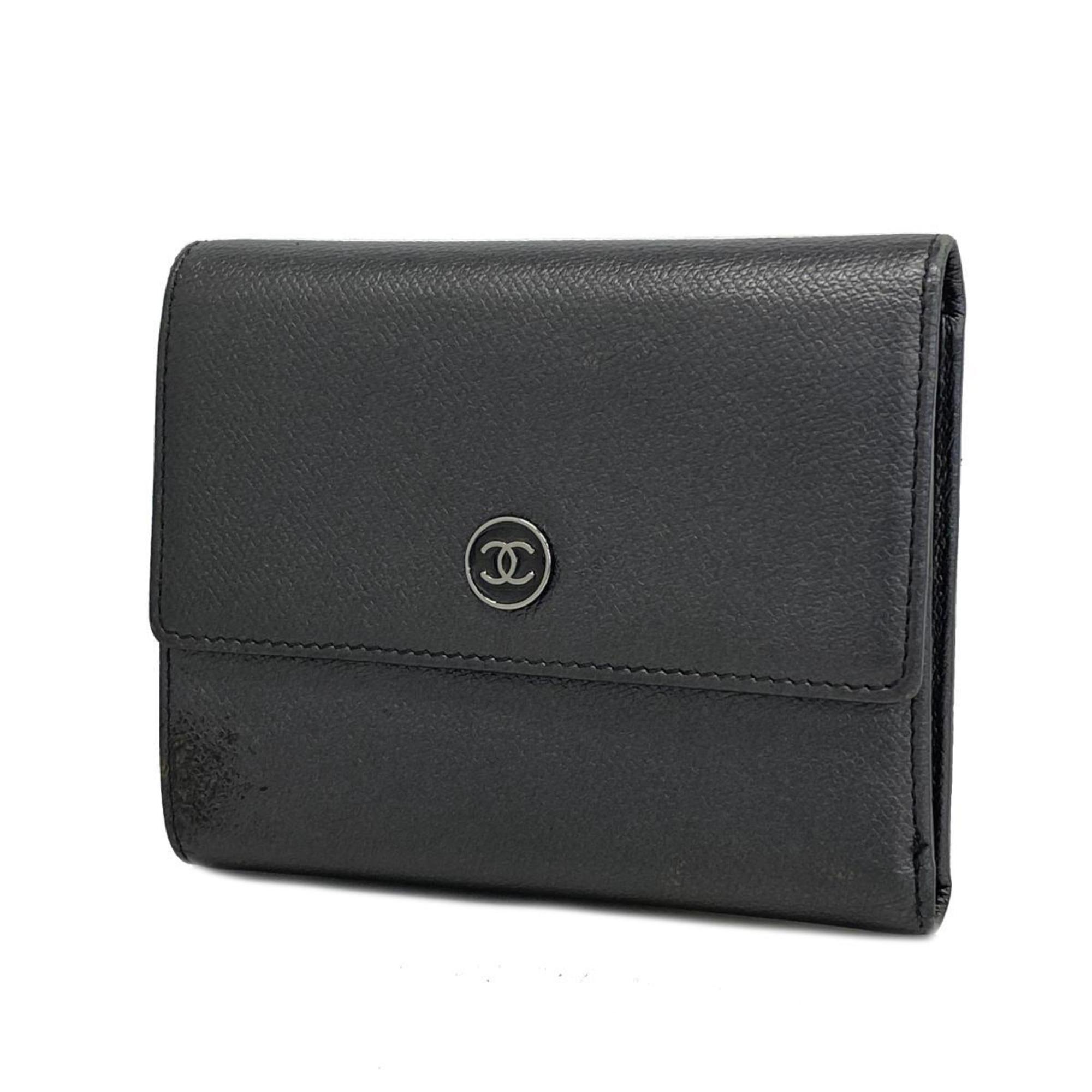 Tri-fold Wallet Button Leather Black Women's