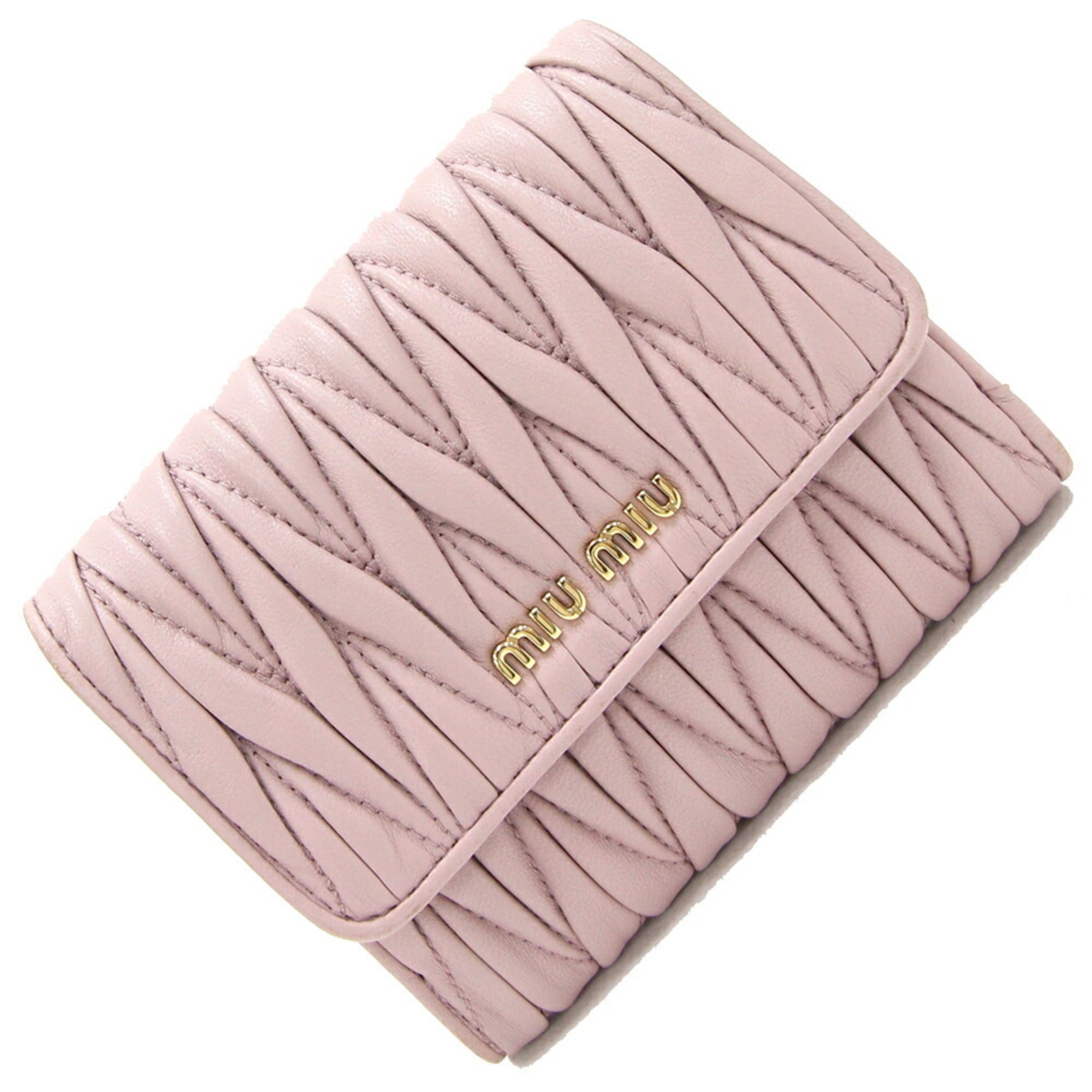 Miu W Wallet Matelasse 5MH523 Light Pink Leather Compact Gathered Double Sided Opening Bi-fold Women's Pleated Shirring MIUMIU