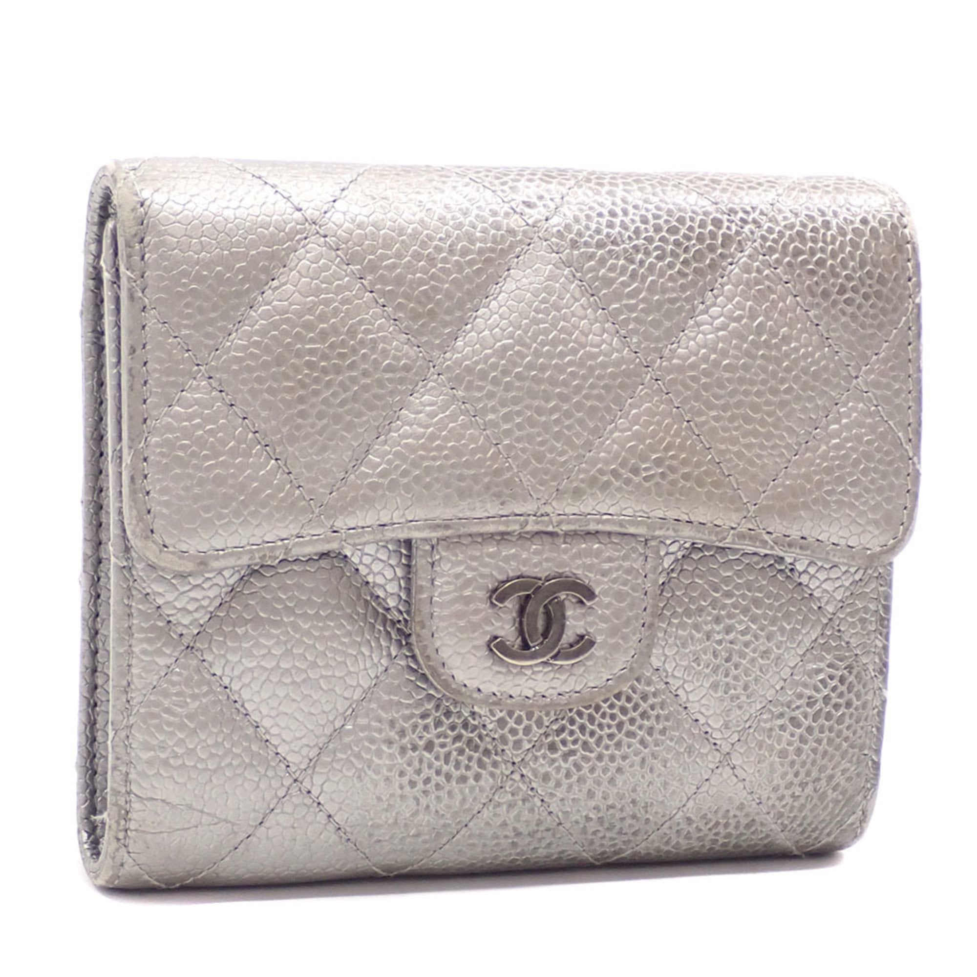 Tri-fold Wallet Matelasse Women's Metallic Silver Caviar AP0231 Leather Mark A211749