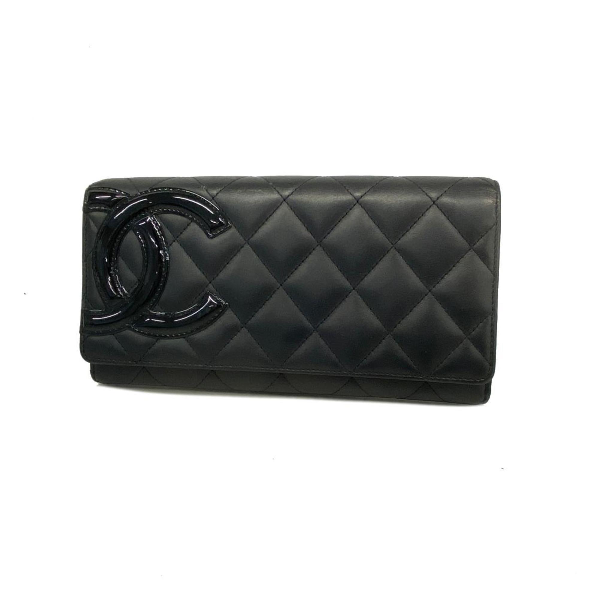 Long Wallet Cambon Lambskin Black Pink Women's