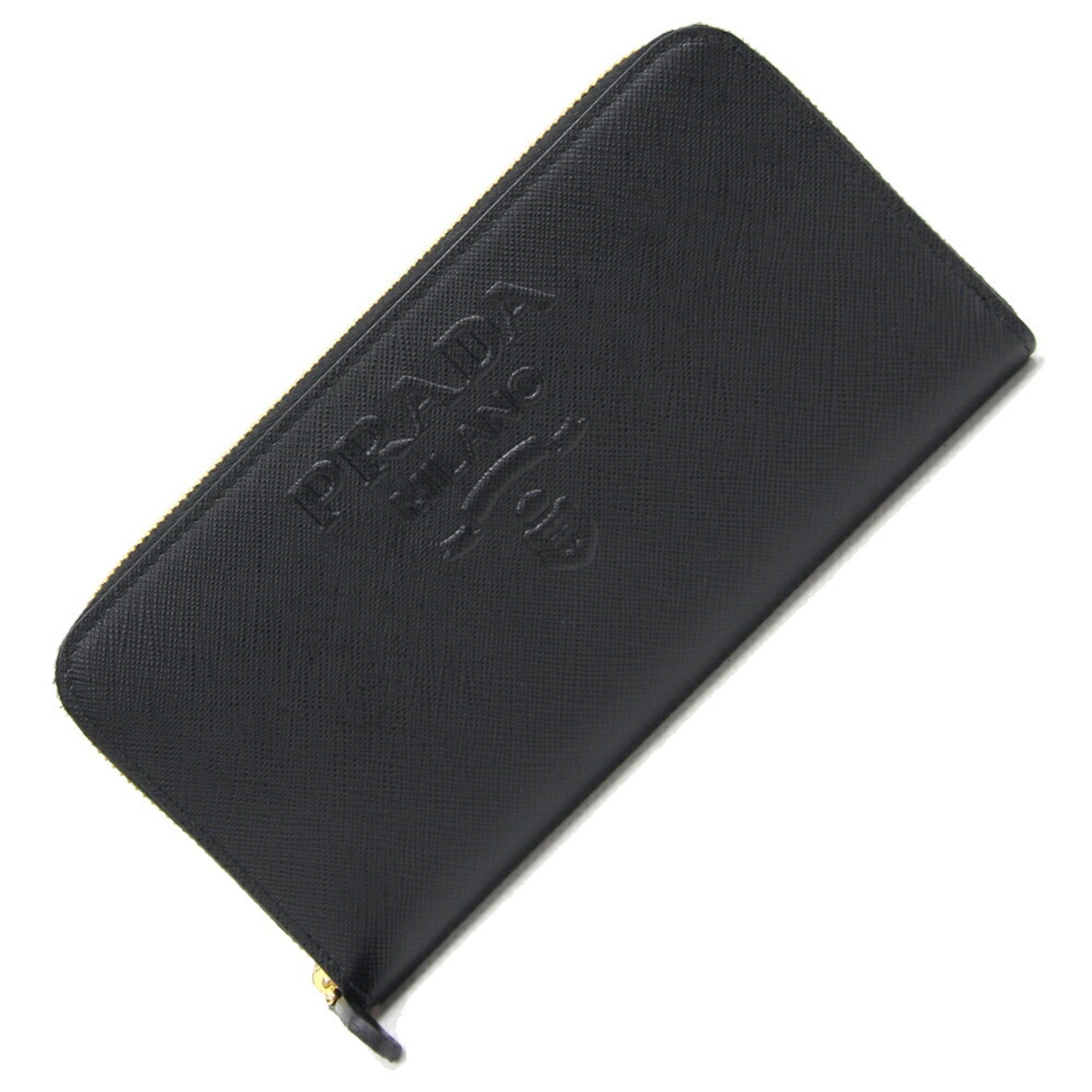 Round Long Wallet 1ML506 Black Leather Saffiano Women's