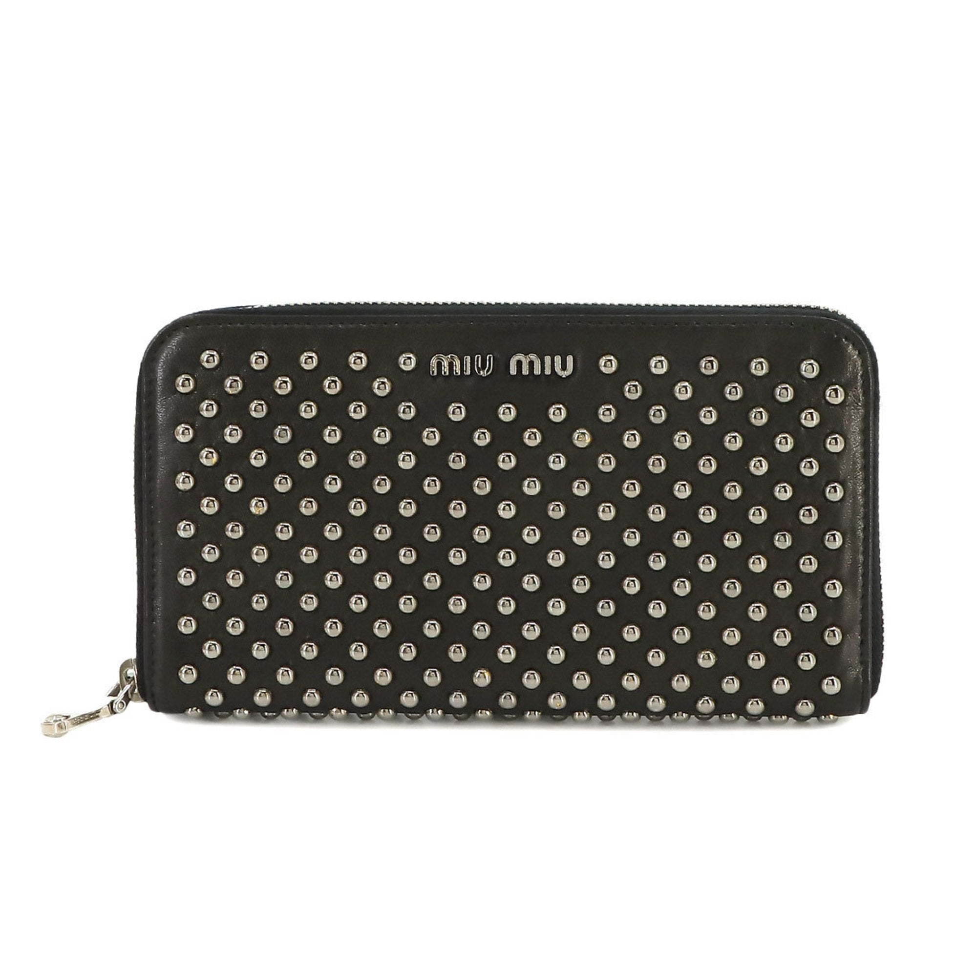 Miu Studded Round Long Wallet Leather Black 5M0506 Silver Metal Fittings