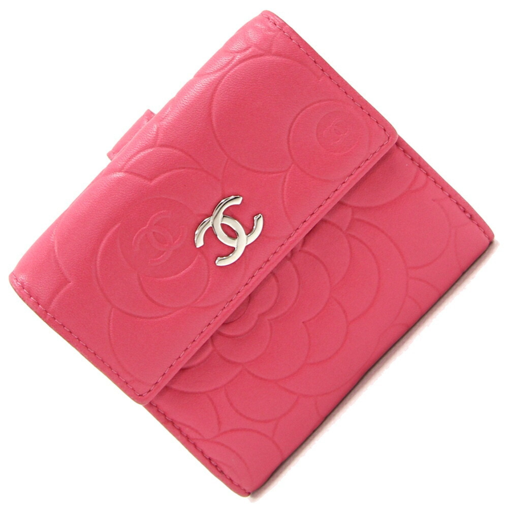 W Wallet Camellia Pink Leather Double Sided Compact Mark Women's