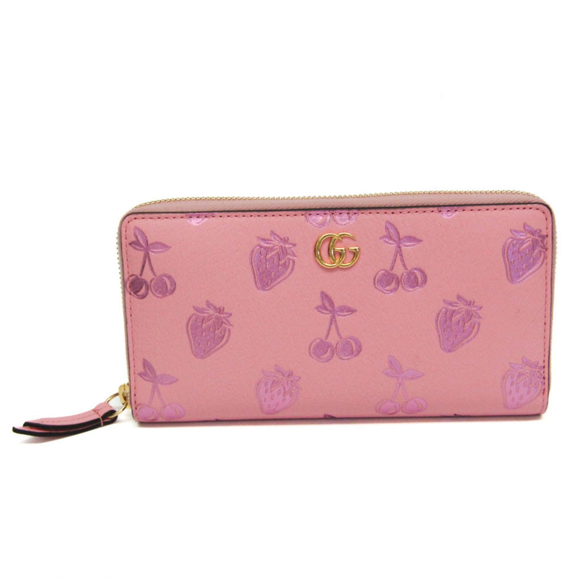 Valentines Day Cherry Strawberry Print 456117 Women's Leather Long Wallet [bi-fold] Light Pink