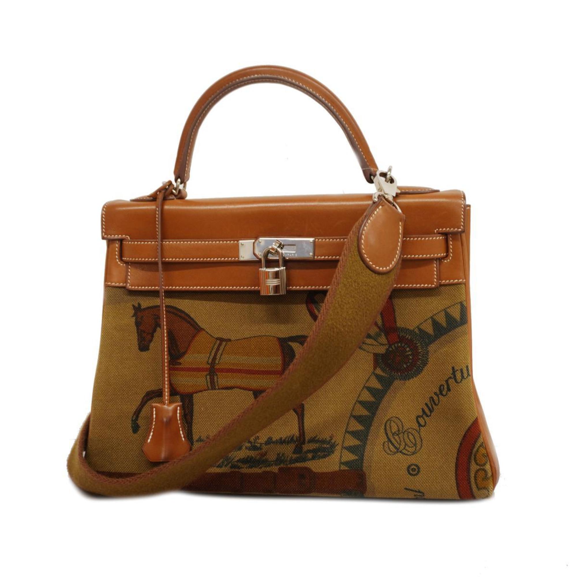 Image of HERMES Handbag Kelly 32 N Engraved Barenia Toile Couver Faube Tundra Ladies