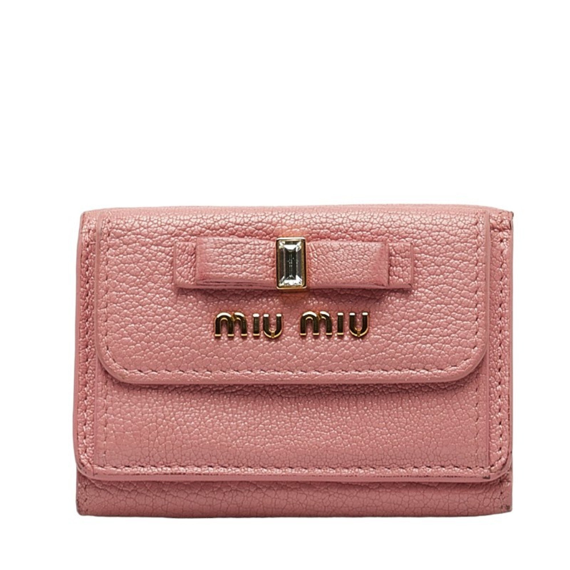 Miu Ribbon Motif Tri-Fold Wallet Compact Pink Leather Women's MIUMIU