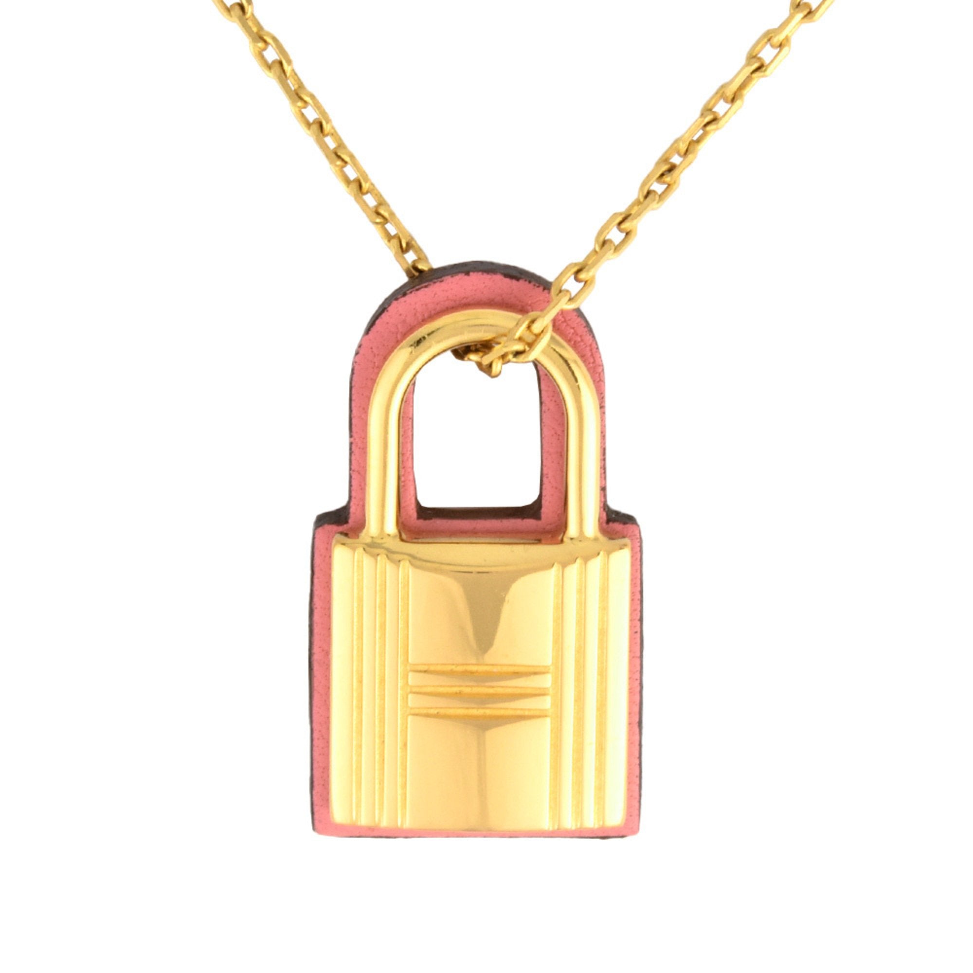 image of HERMES O'Kelly PM Pendant Necklace Leather GP D Engraved Pink IT75TZUERYWW