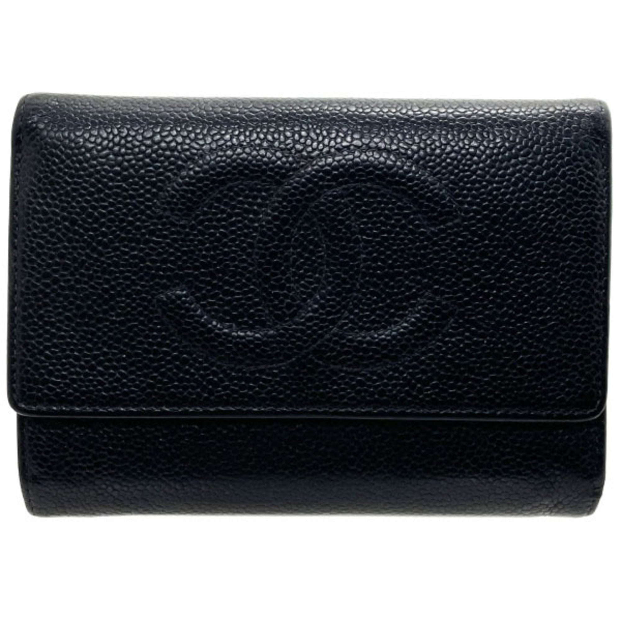 Wallet Mark Trifold Caviar Leather Black A13225 CC Medium Middle Women's RR-13147