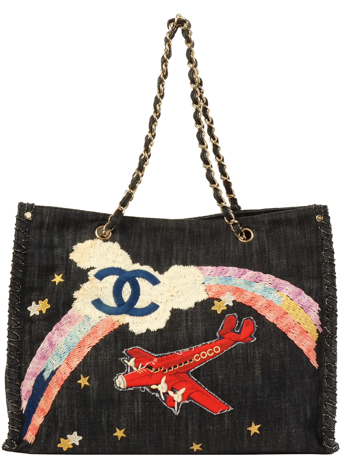 image of CHANEL Around 2005 Made Denim Airplane Cc Mark Embroidered Chain Tote Bag Indigo