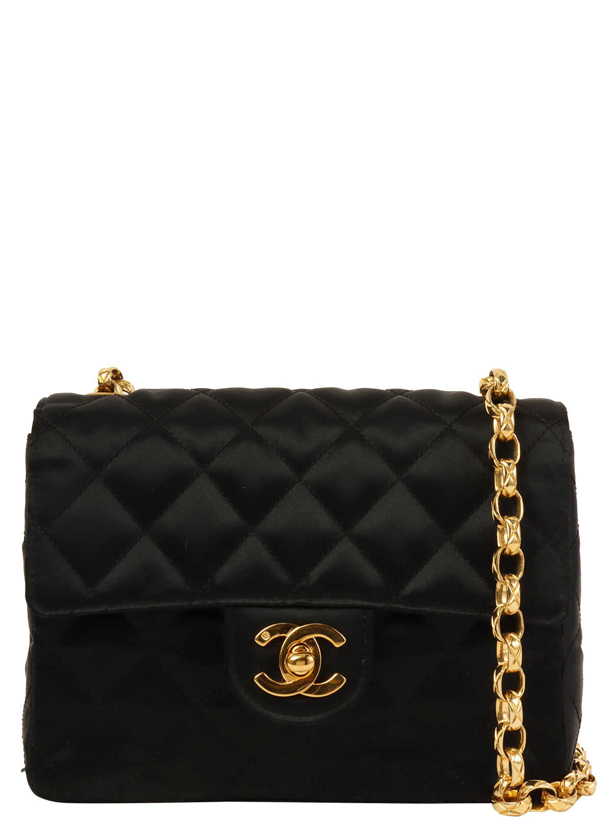 image of CHANEL Around 1990 Made Silk Satin Classic Flap Bijoux Chain Mini Black