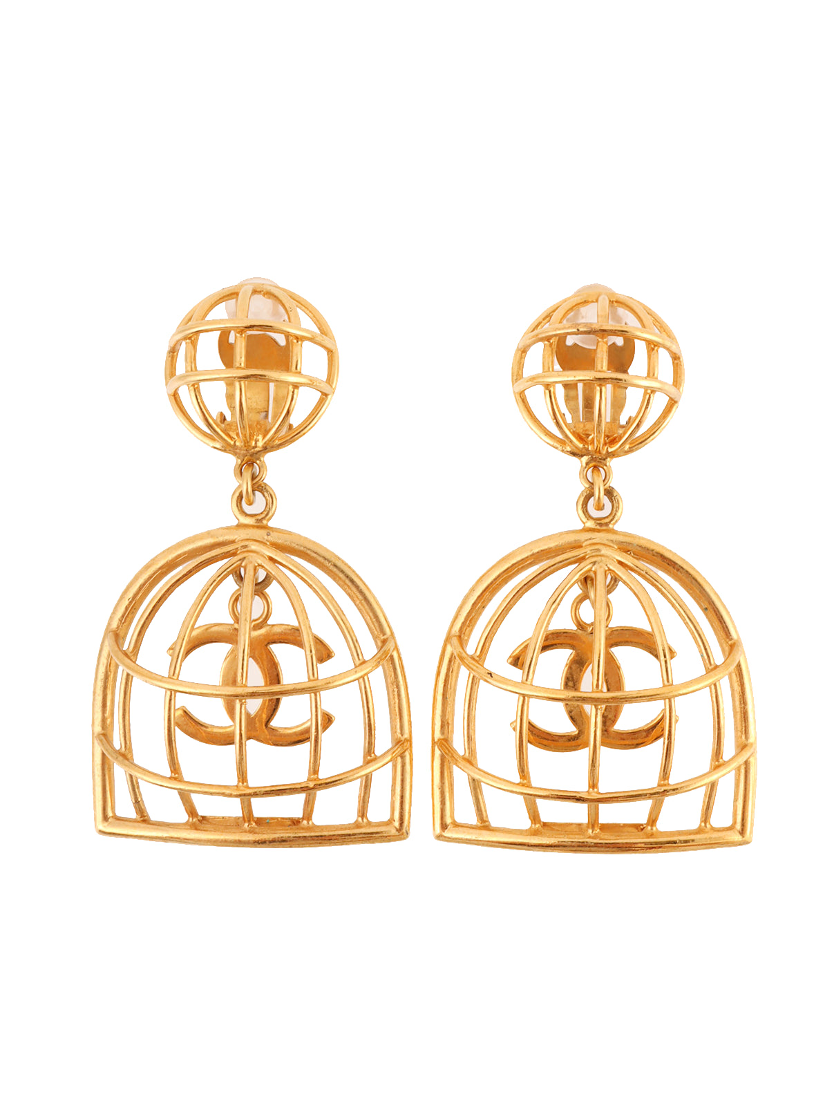 image of CHANEL 1993 Made Bird Cage Cc Mark Swing Earrings Gold