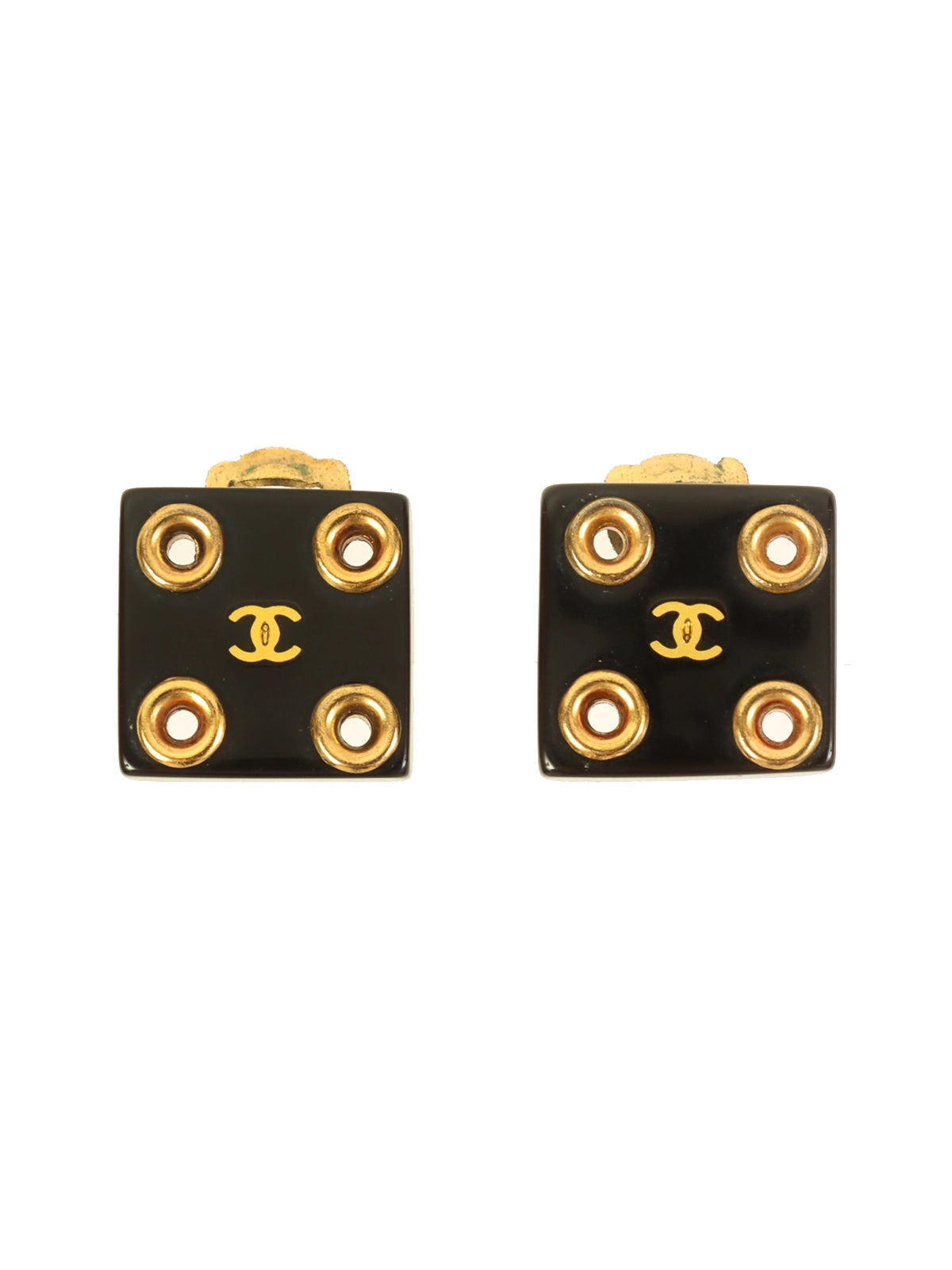 image of CHANEL 2001 Made Square Cc Mark Earrings Gold/Black