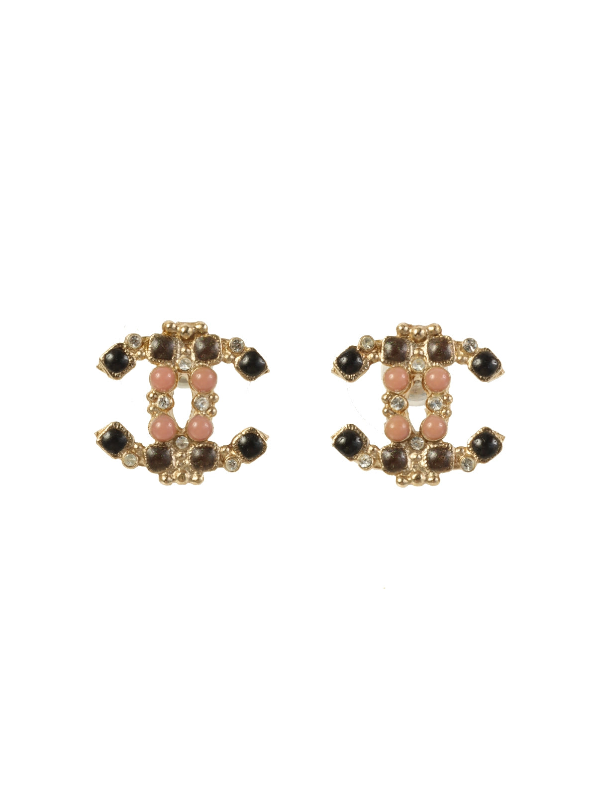 image of CHANEL 2012 Made Rhinestone Cc Mark Pierced Earrings Gold/Pink/Black