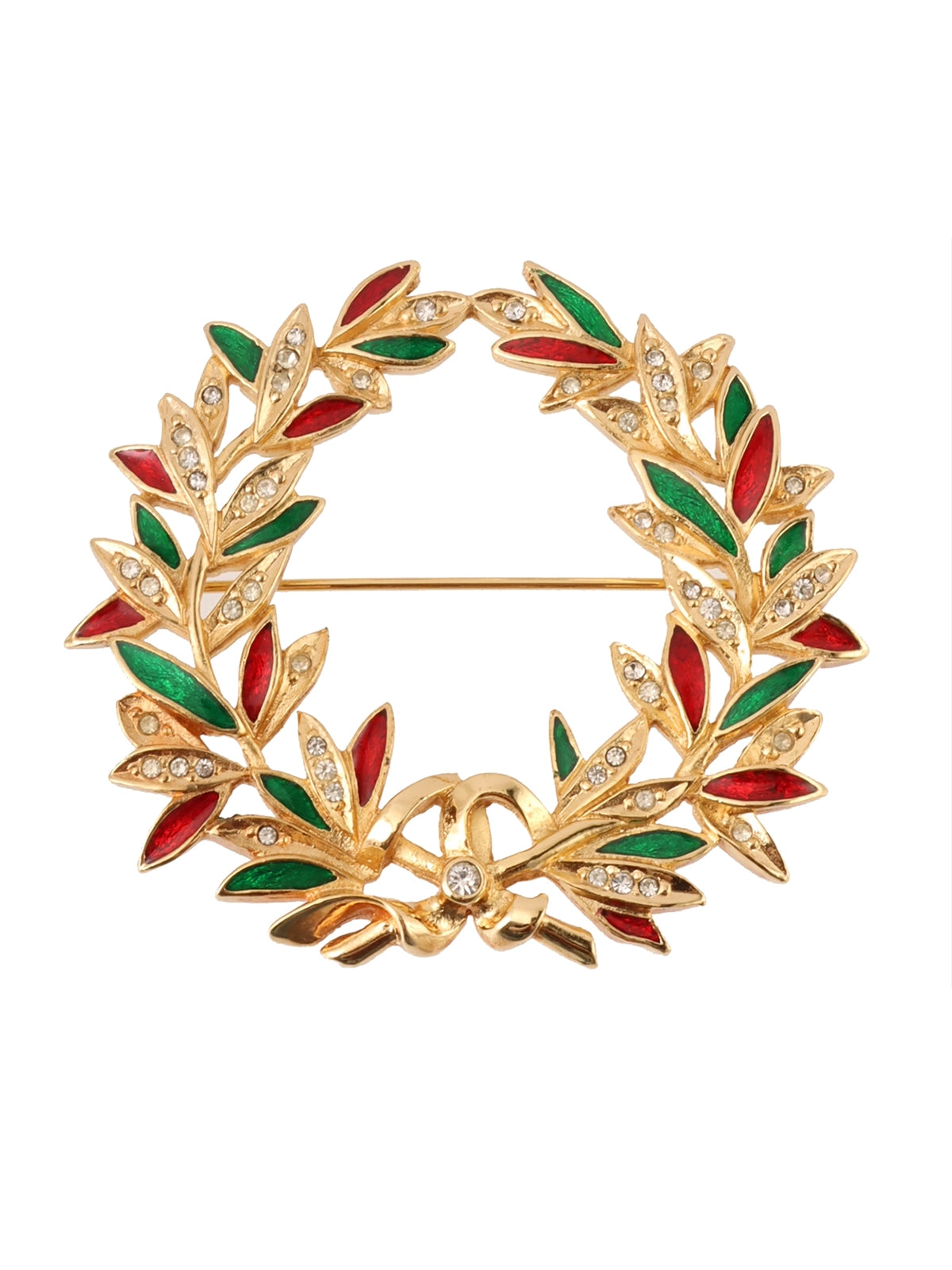 image of DIOR Rhinestone Leaf Motif Brooch Gold/Green/Red