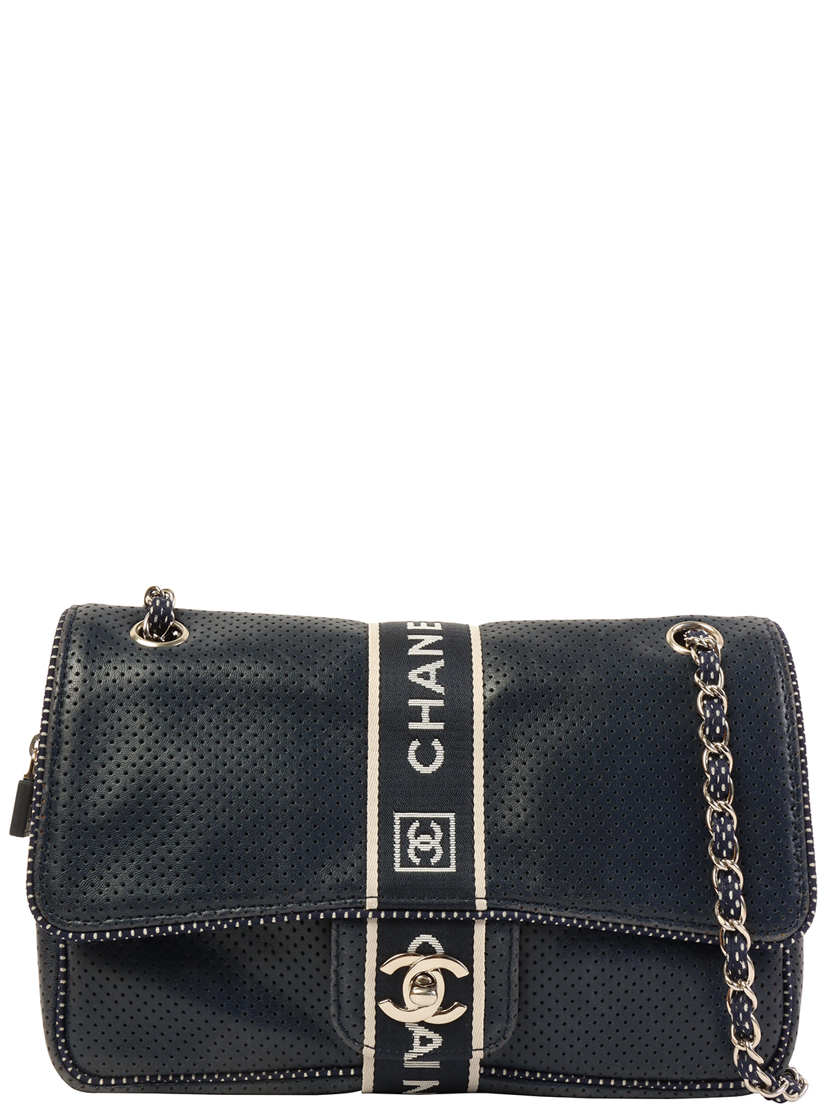 image of CHANEL Around 2004 Made Sport Line Punching Turn-Lock Chain Bag Navy/White