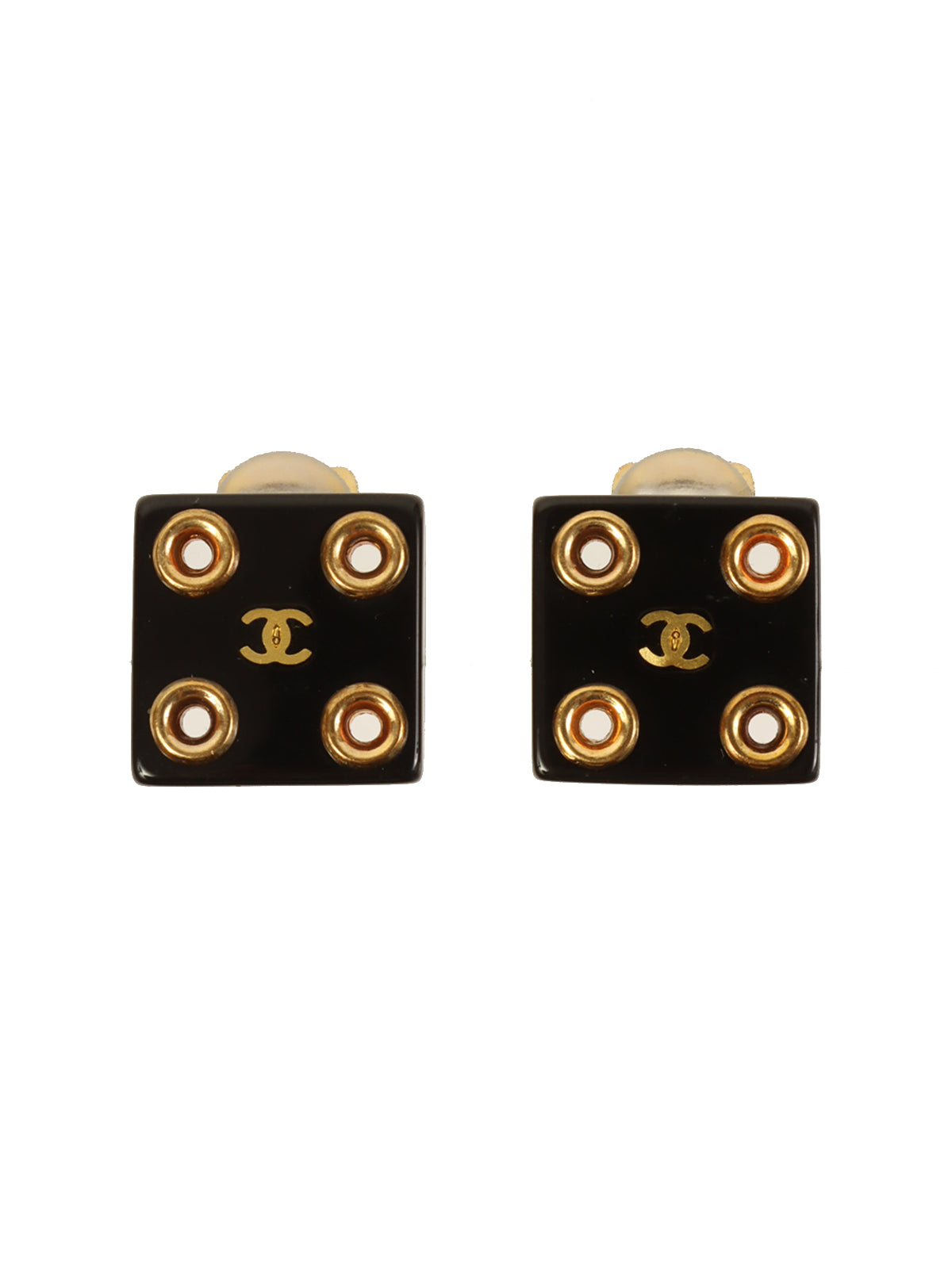 image of CHANEL 2001 Made Square Punching Cc Mark Earrings Black/Gold