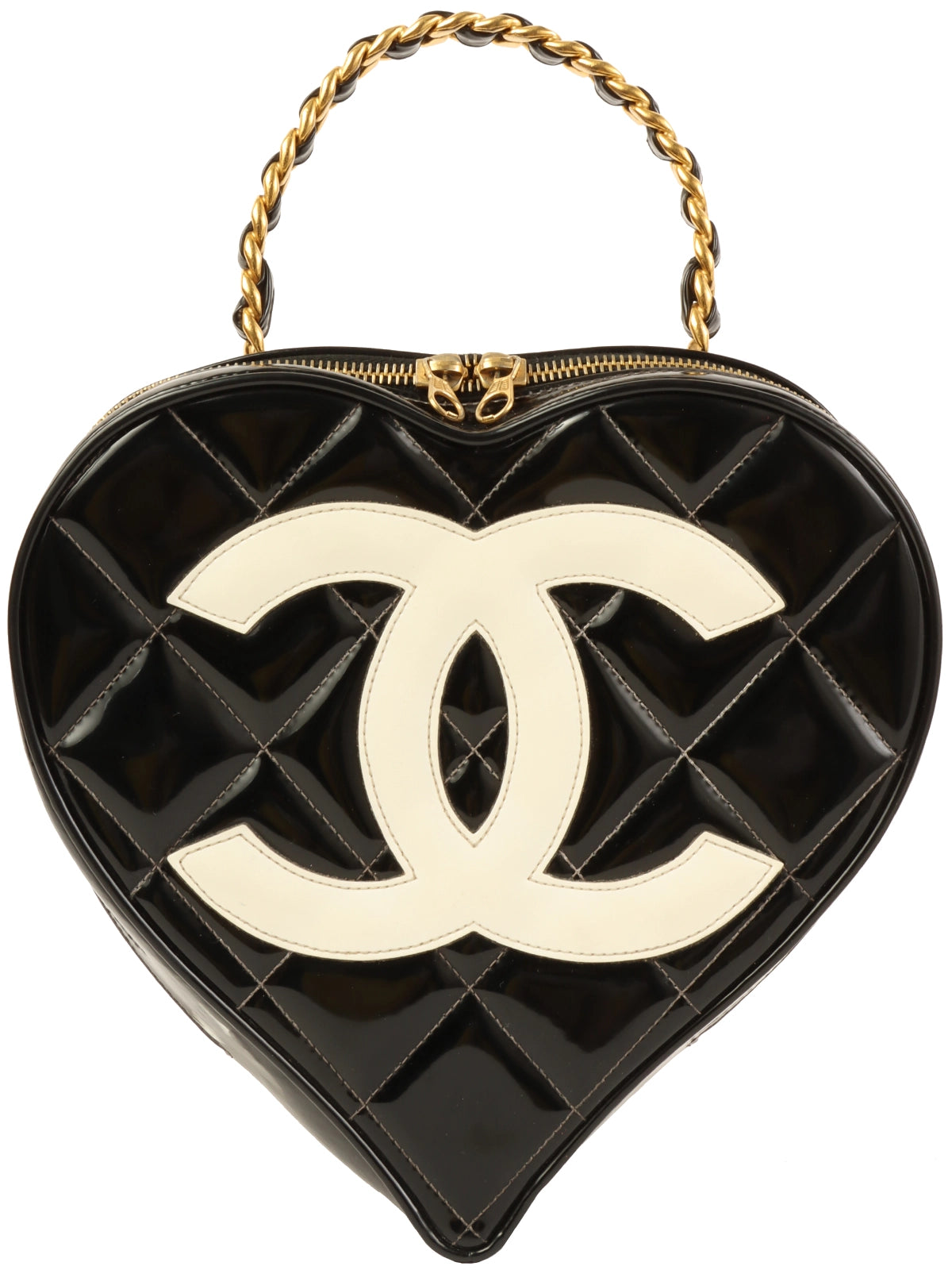 image of CHANEL Around 1995 Made Patent Heart Cc Mark Stitch Vanity Black/White