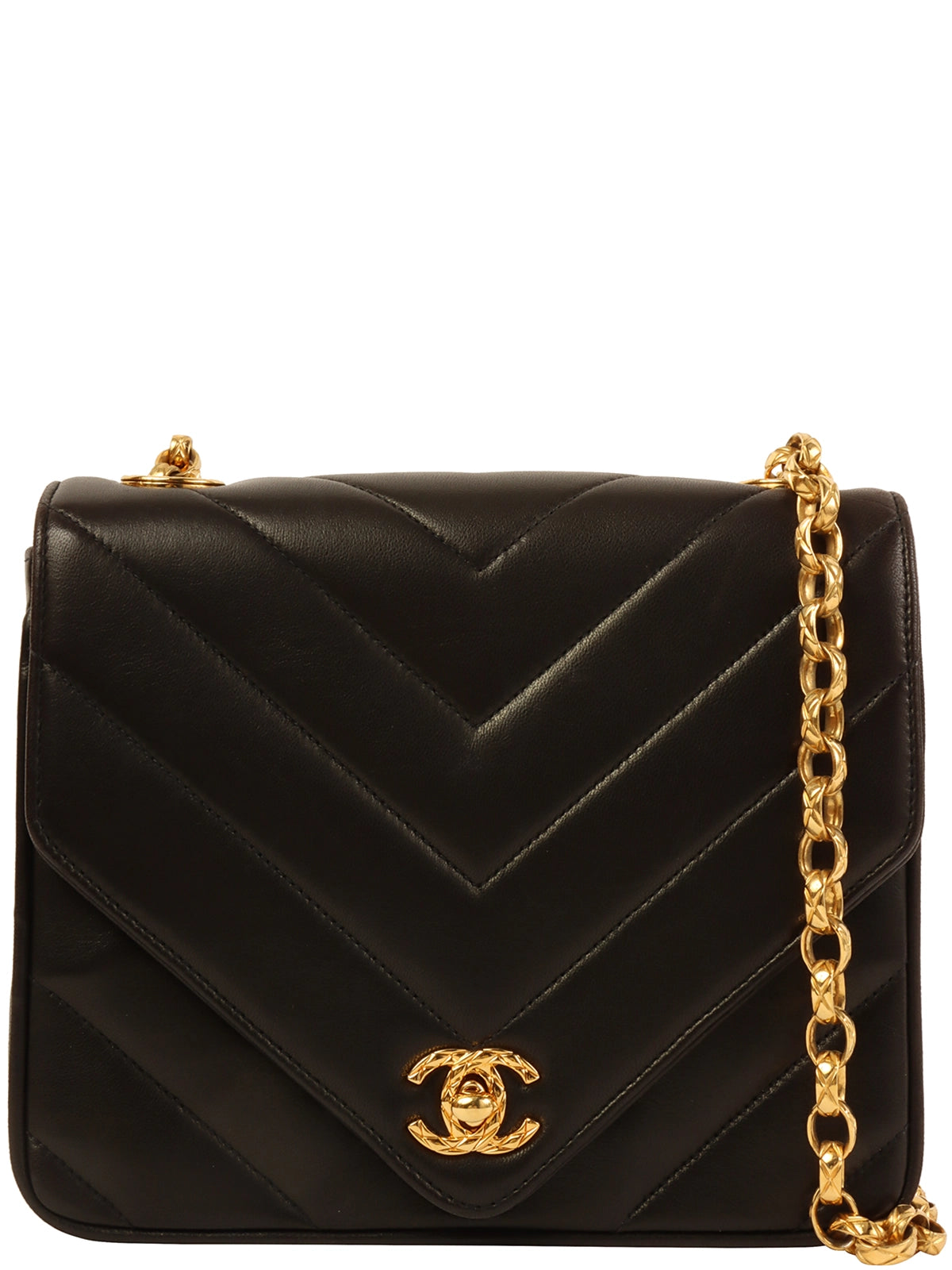 image of CHANEL Around 1992 Made Chevron Turn-Lock Bijoux Chain Bag Black