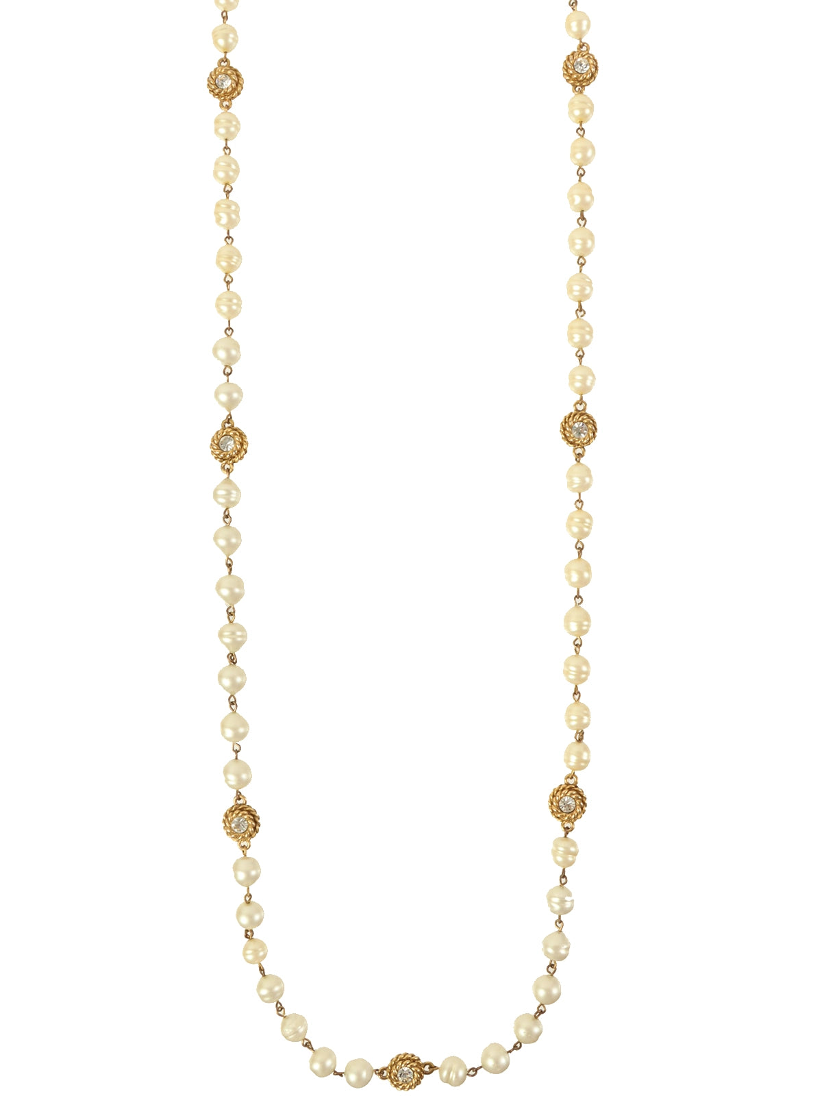 image of CHANEL Pearl Rhinestone Round Cc Mark Plate Long Necklace Gold/White
