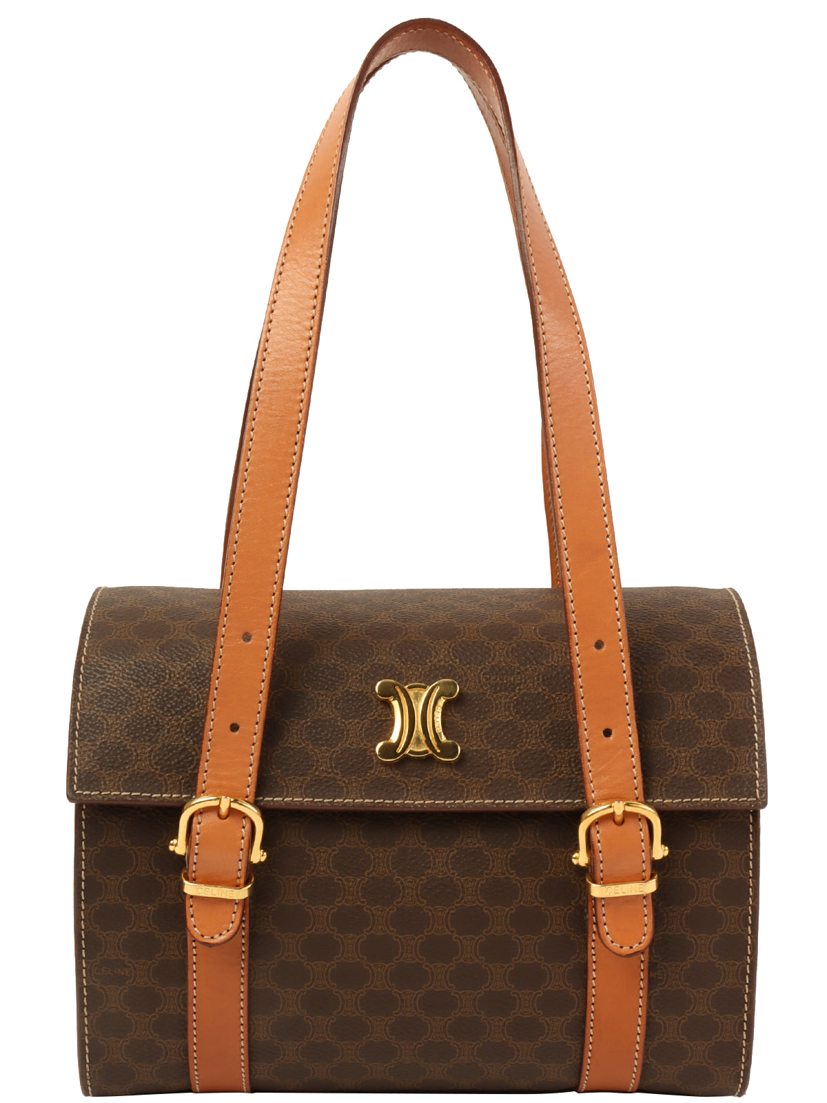 image of CELINE Macadam Pattern Logo Plate Box Top Handle Bag Brown