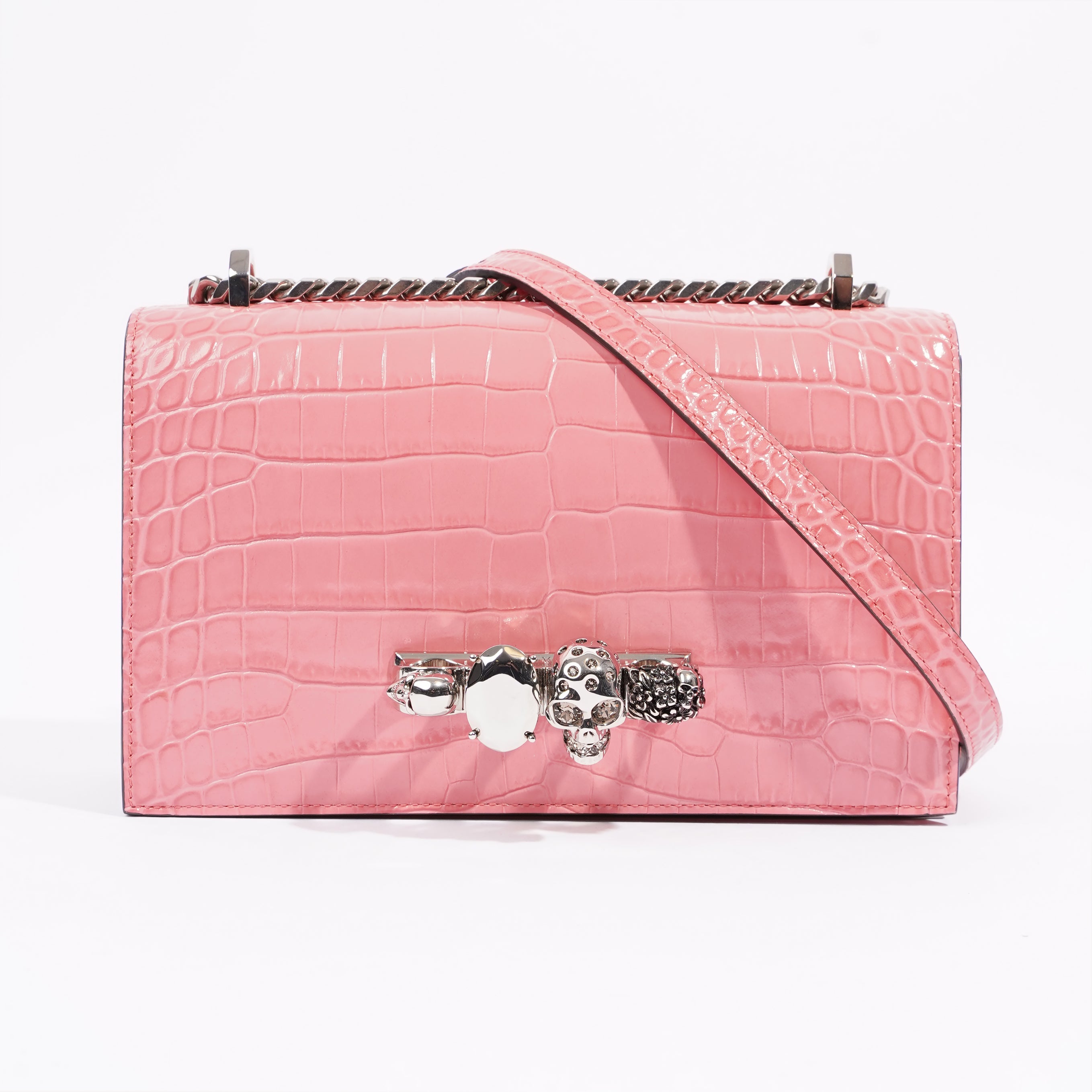Jewelled Satchel Bag Pink Embossed Leather OS