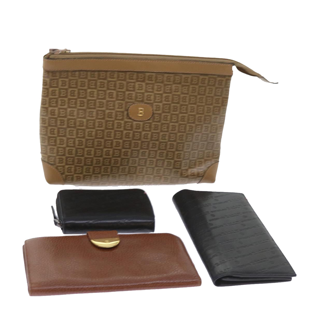 Wallet Clutch Bag Leather 4Set Brown Black Auth Ac2244