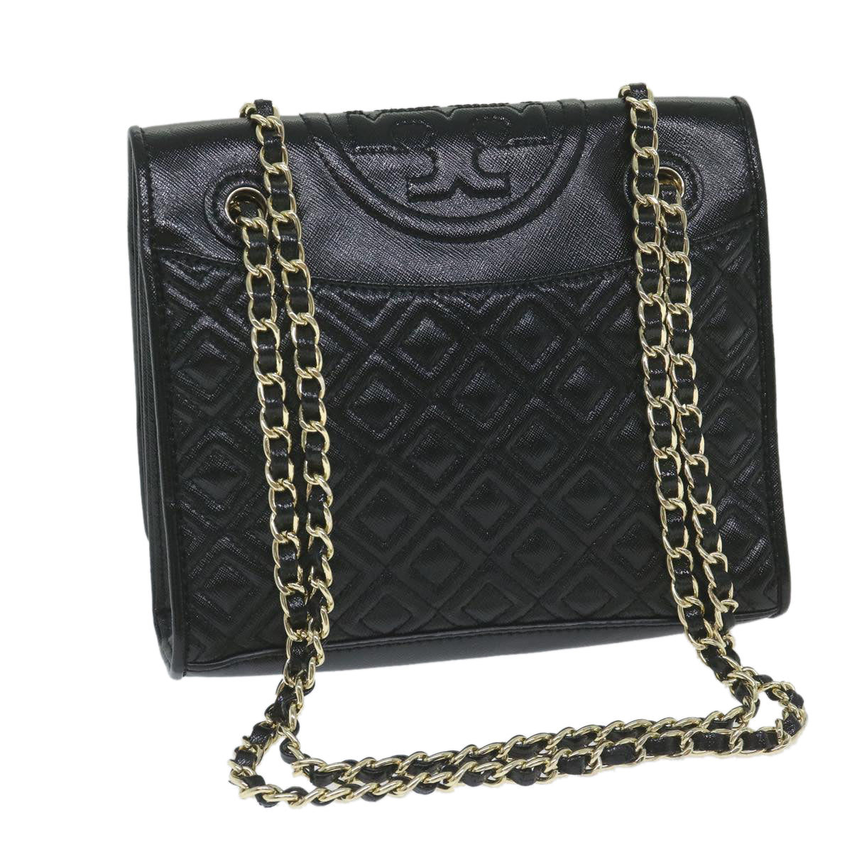 Quilted Chain Shoulder Bag PVC Leather Black Auth Am5283