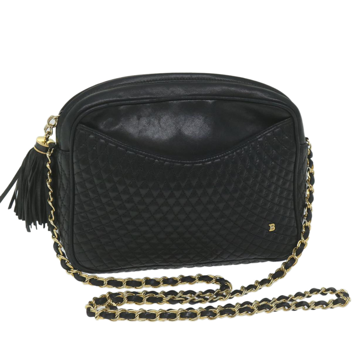 Quilted Chain Shoulder Bag Leather Black Auth Fm2991