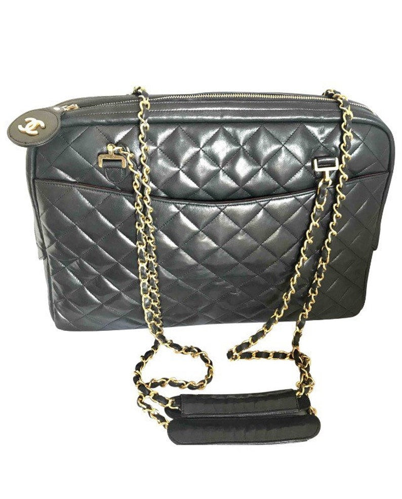 Black Lamb Leather Large Bag With Double Golden Chain Strap And A CC Pull Charm