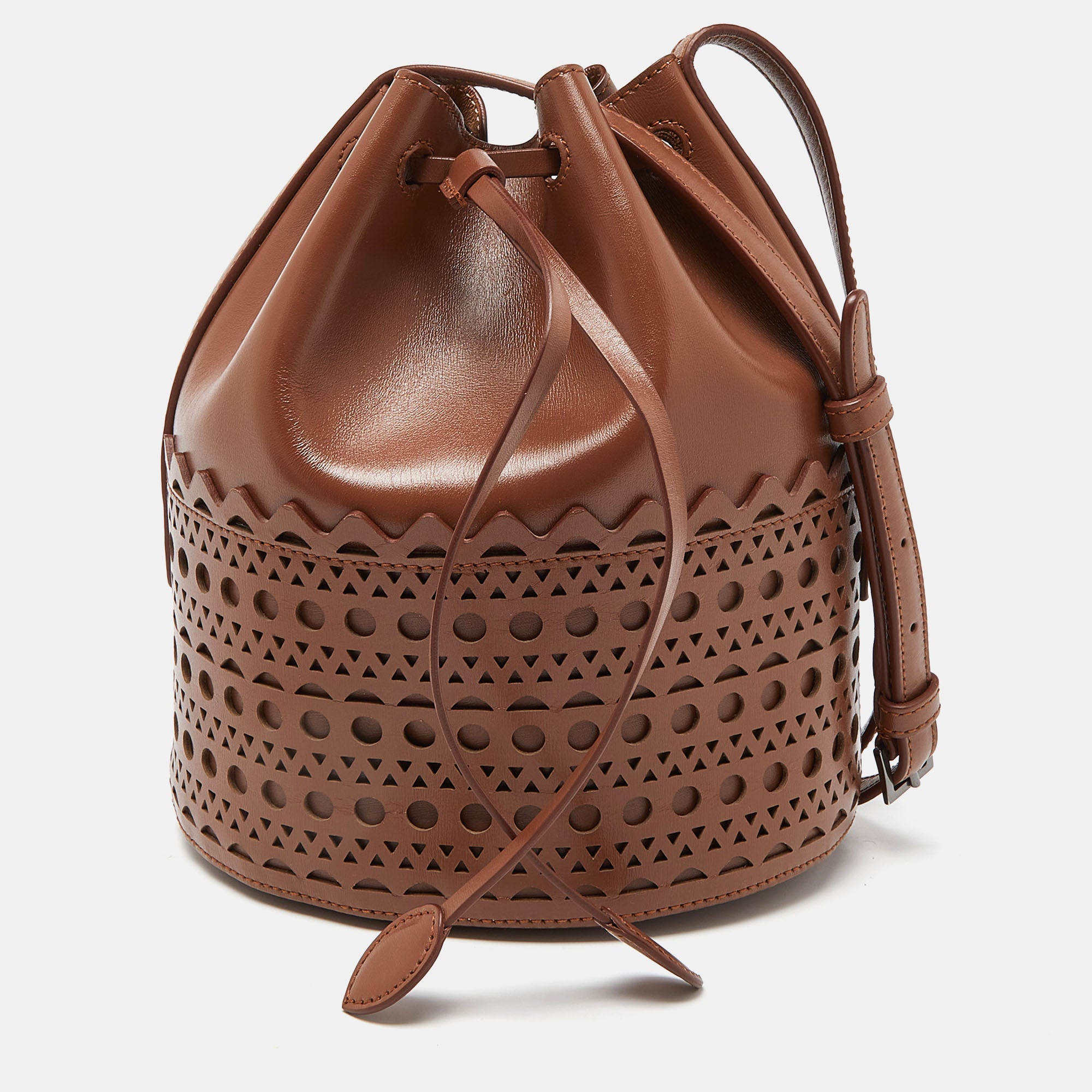 Brown Leather Drawstring Bucket Bag
