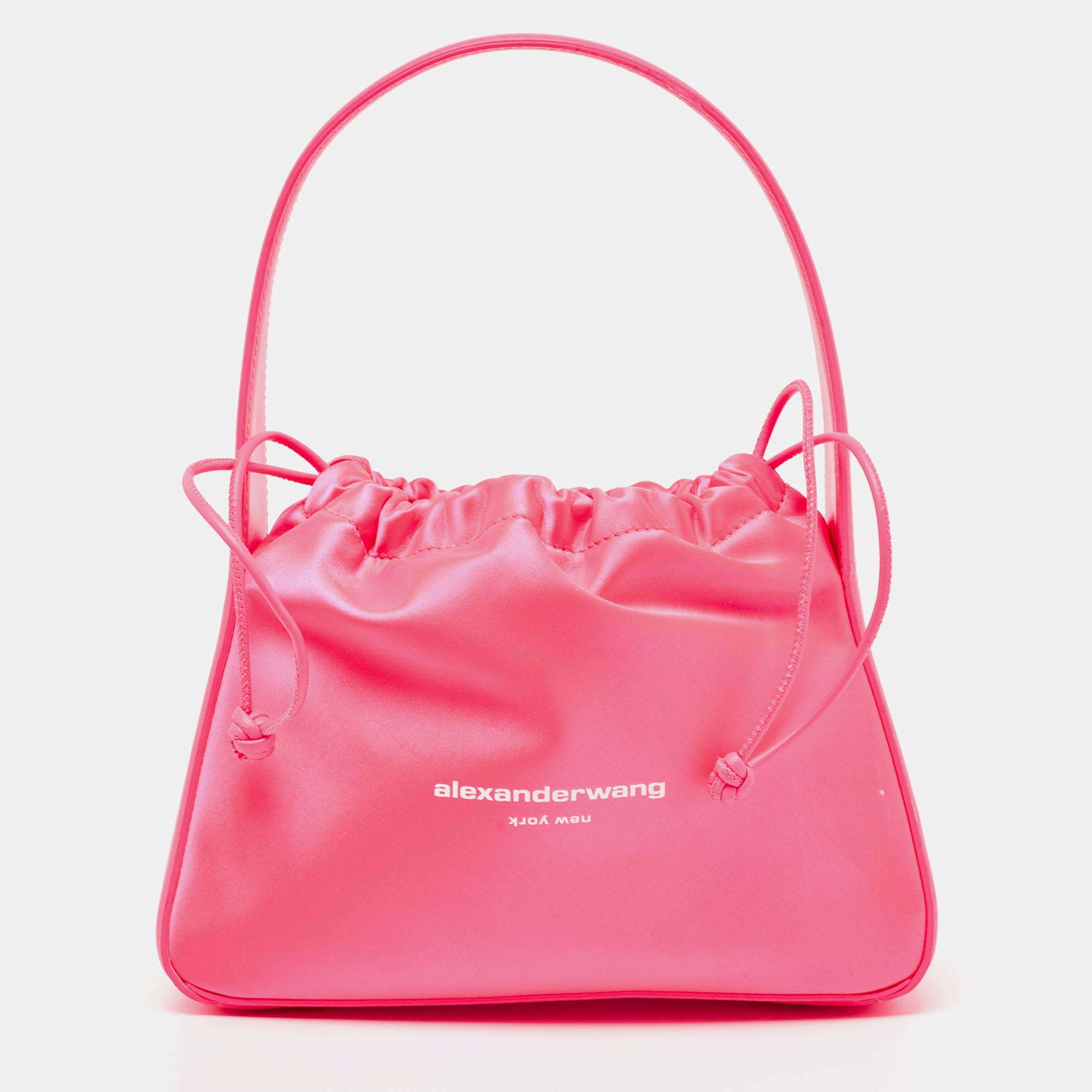 Neon Pink Satin And Leather Ryan Drawstring Bag