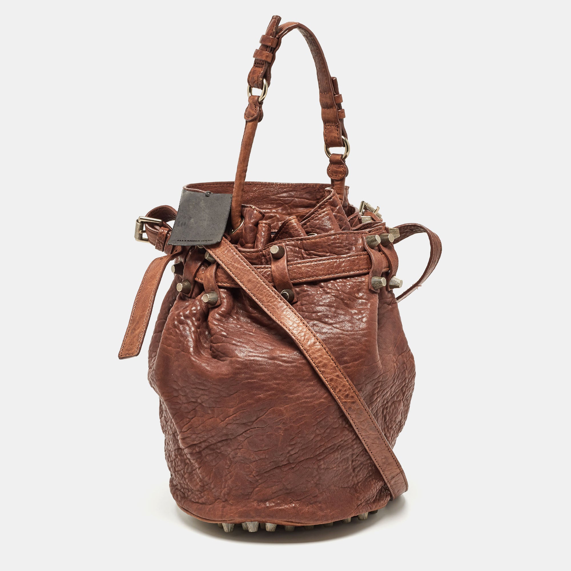 Brown Pebbled Leather Diego Bucket Bag