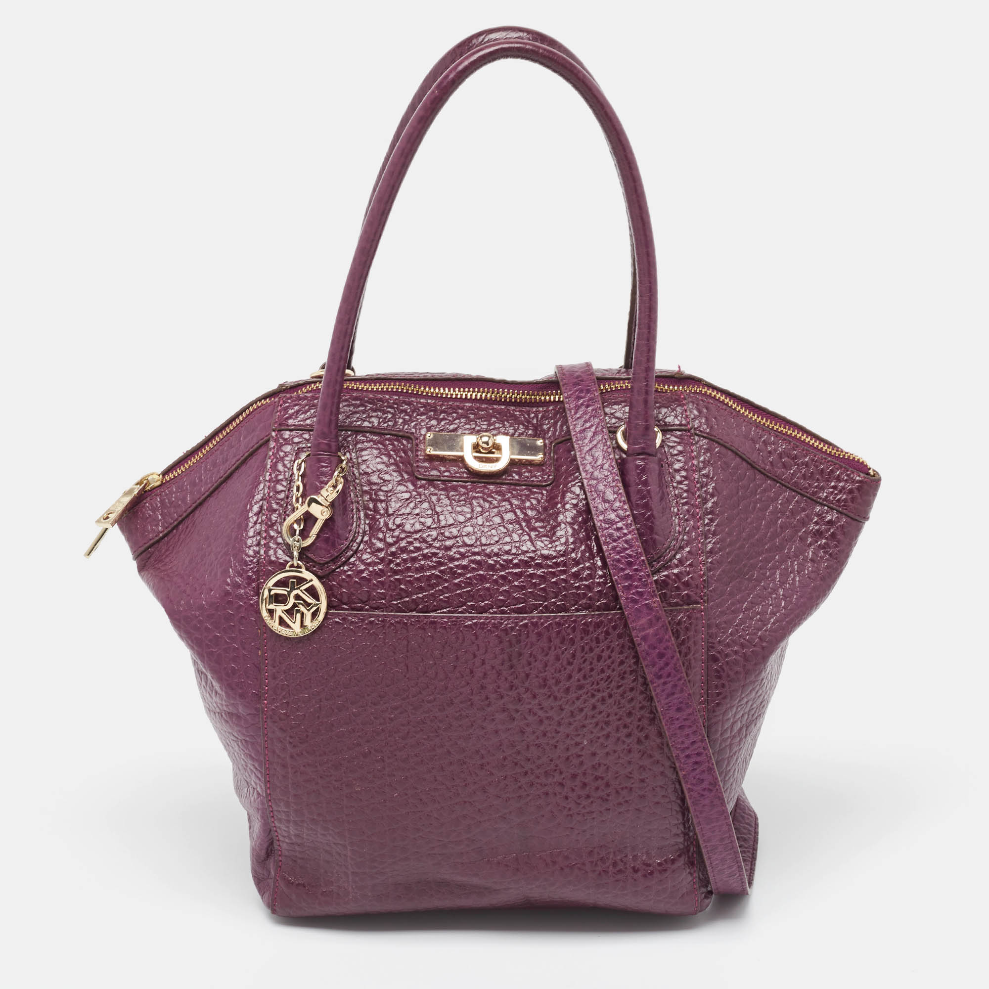 Purple Textured Leather Logo Zip Satchel