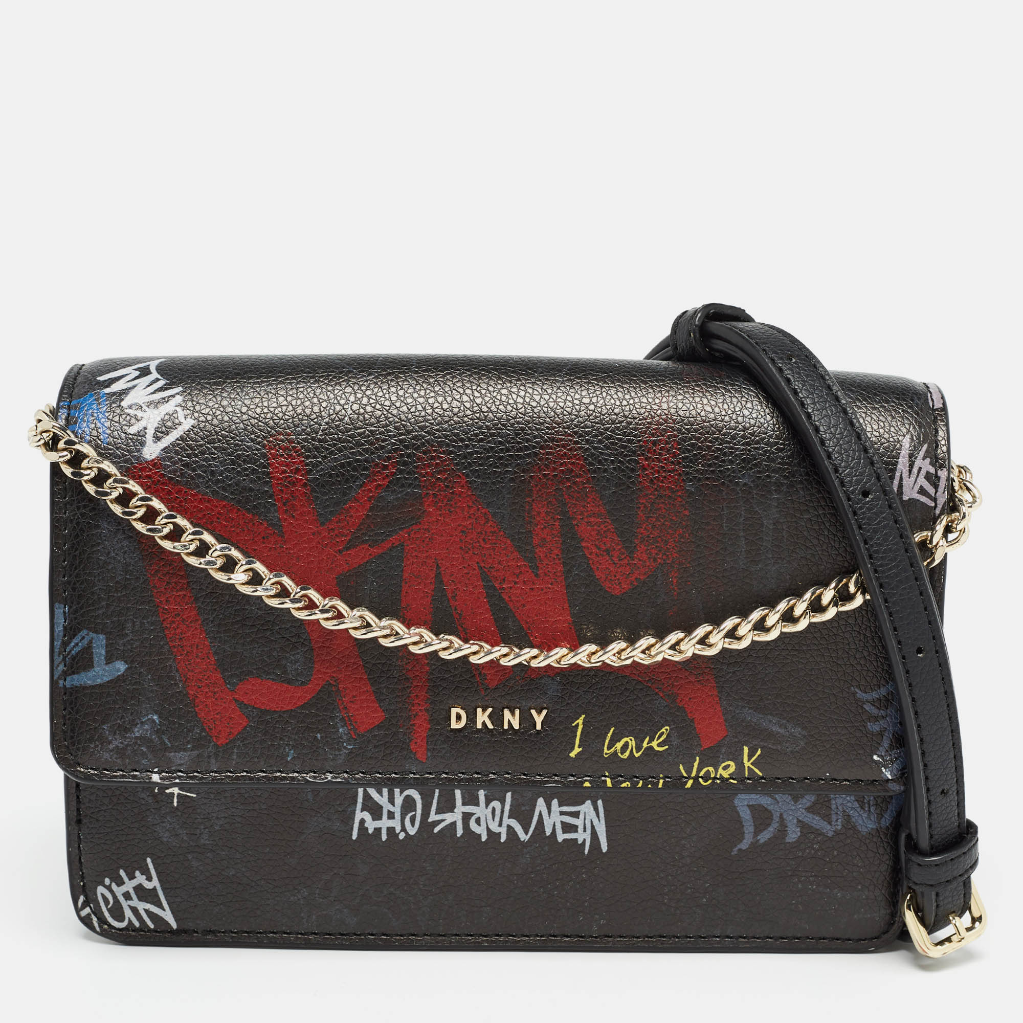 Black Leather Graffiti Print Flap Crossbody Bag