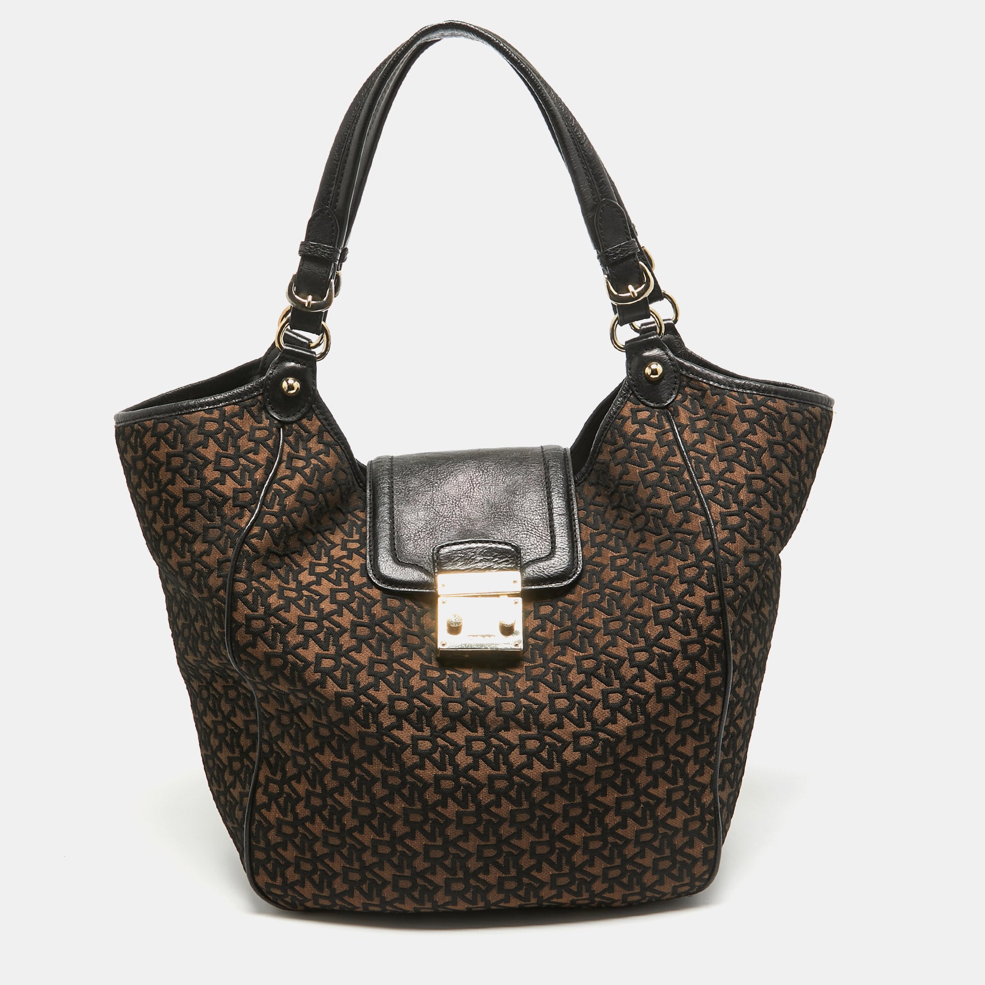 Black/Brown Monogram Jacquard Fabric And Leather Tote