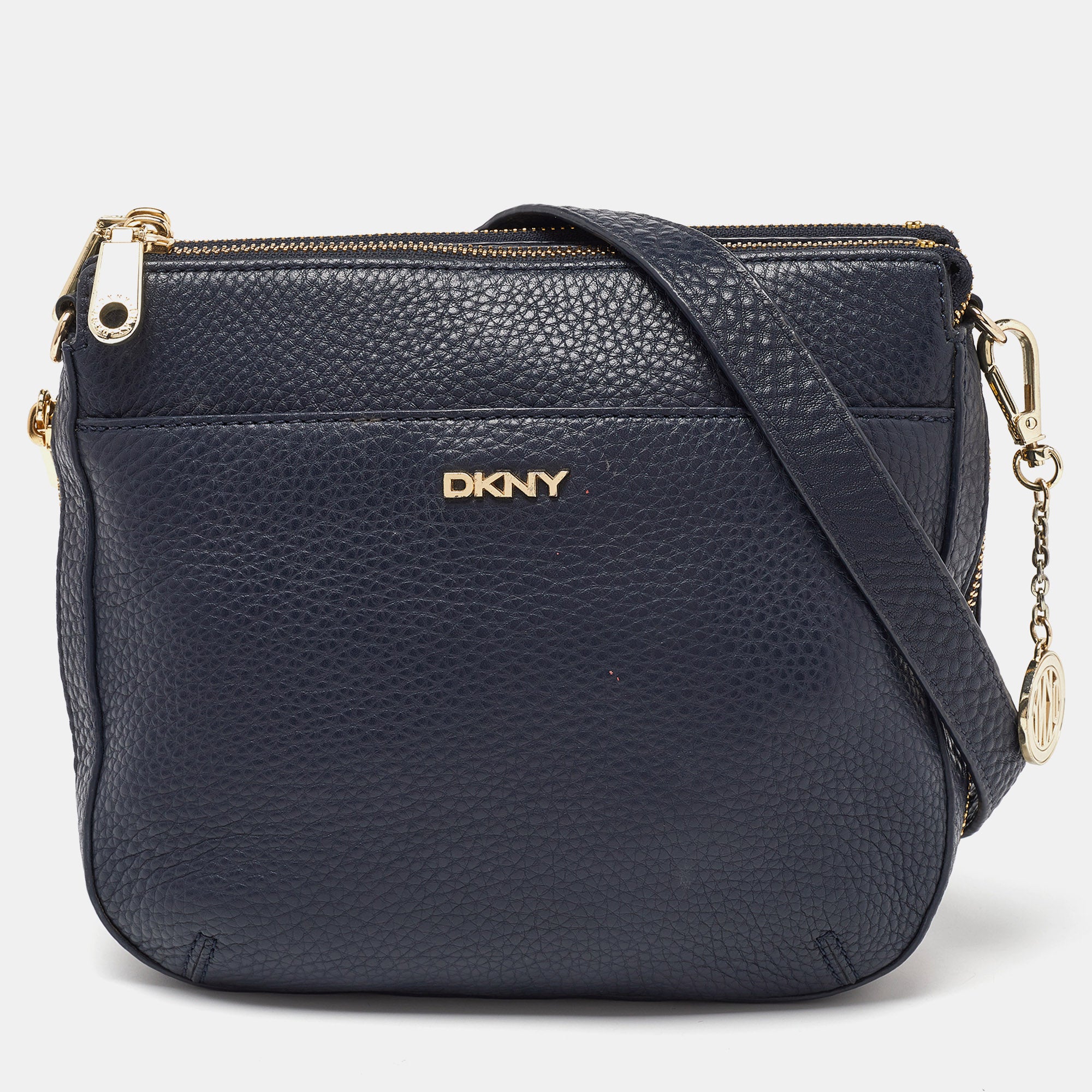 Navy Blue Leather Zip Crossbody Bag