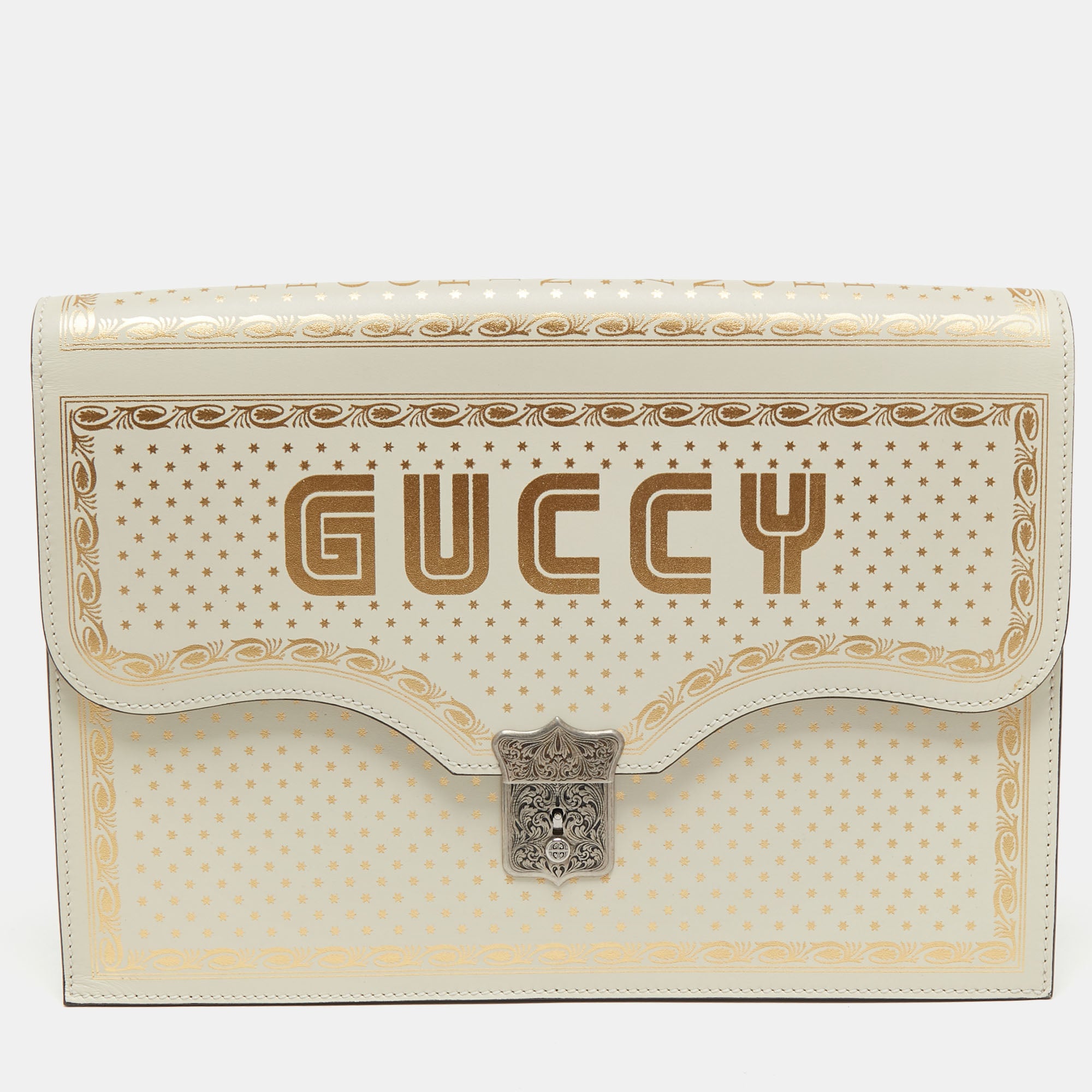 Image of GUCCI Off White Leather Guccy Portfolio Clutch