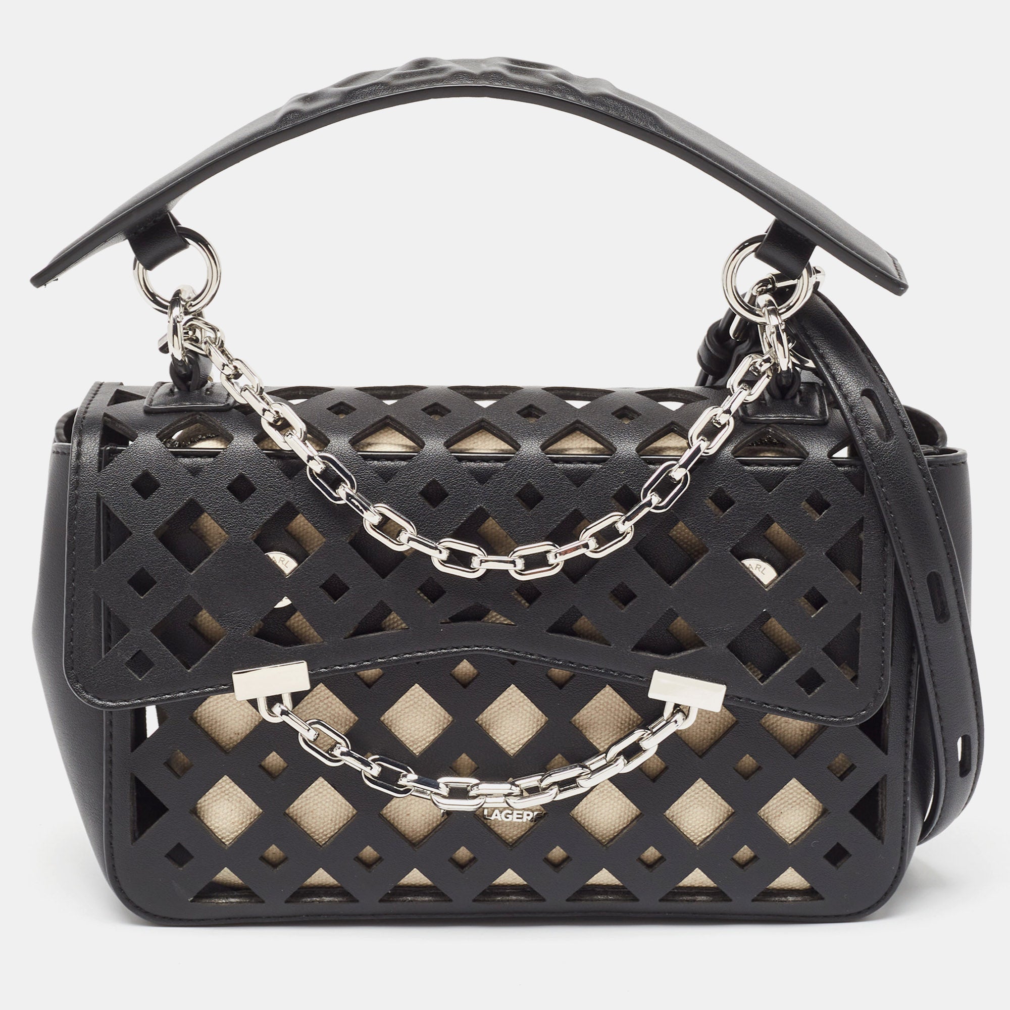 Black Laser Cut Leather K/Seven Shoulder Bag