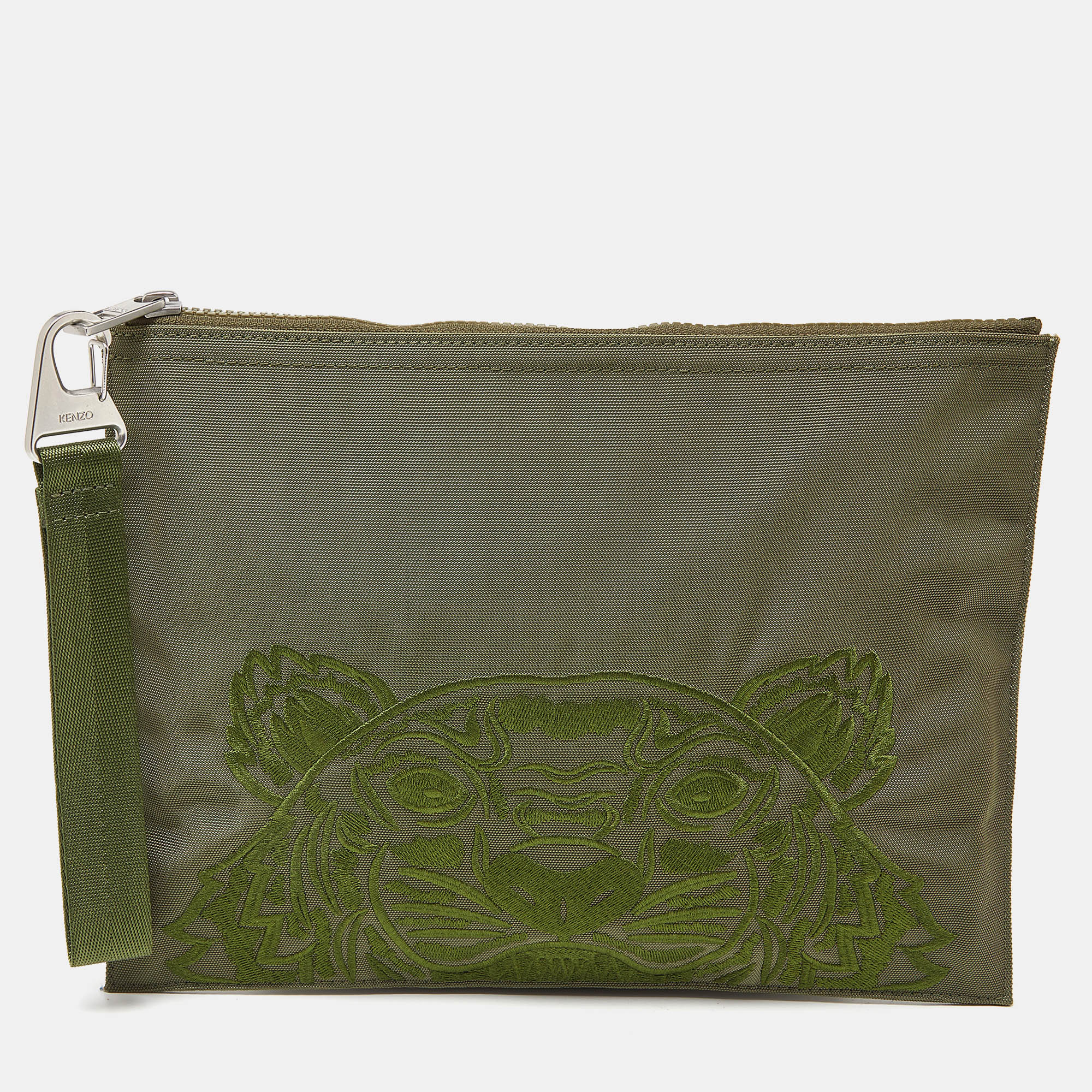 Tiger Embroidered Canvas Zip Flat Pouch