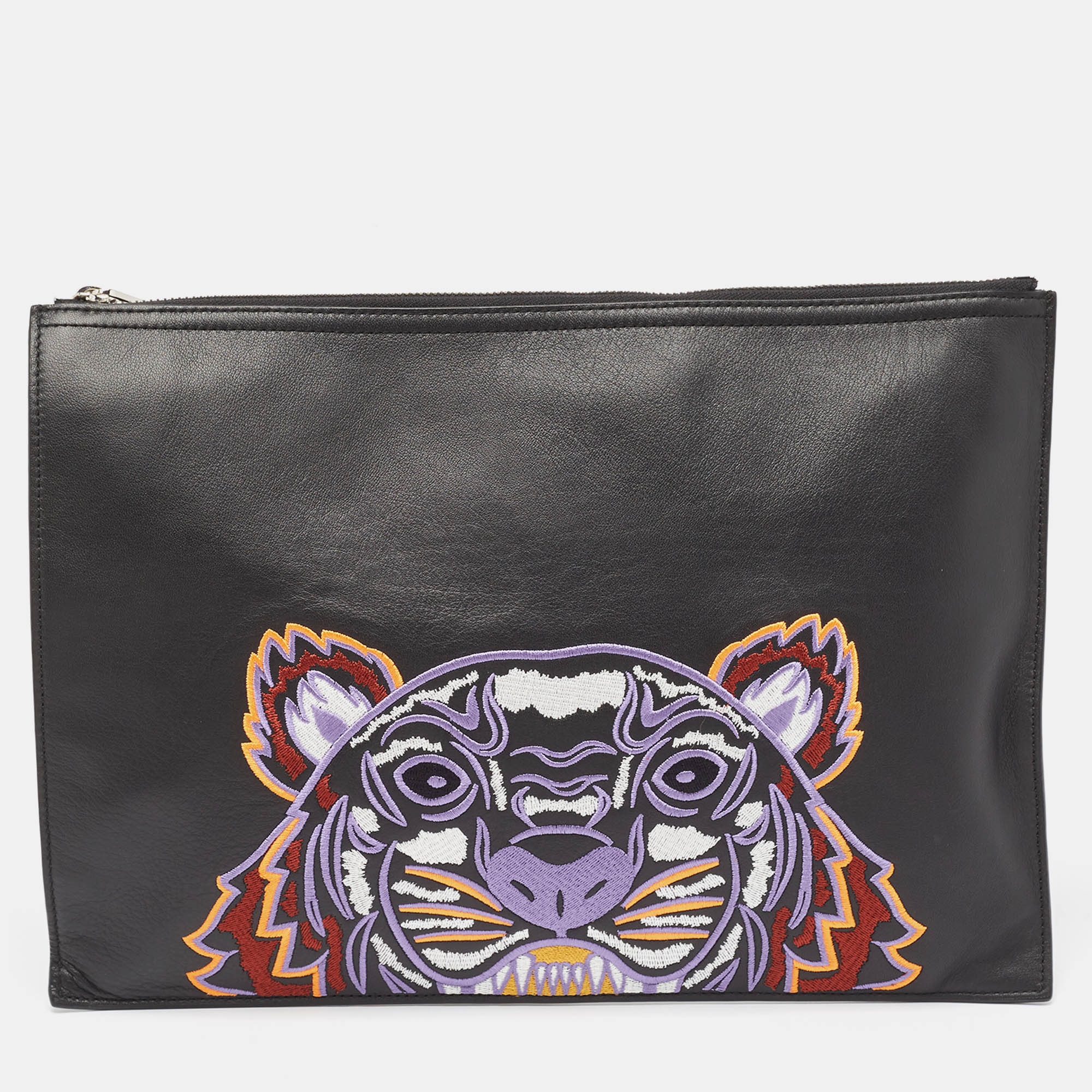 Black Tiger Embroidered Leather Zip Flat Pouch