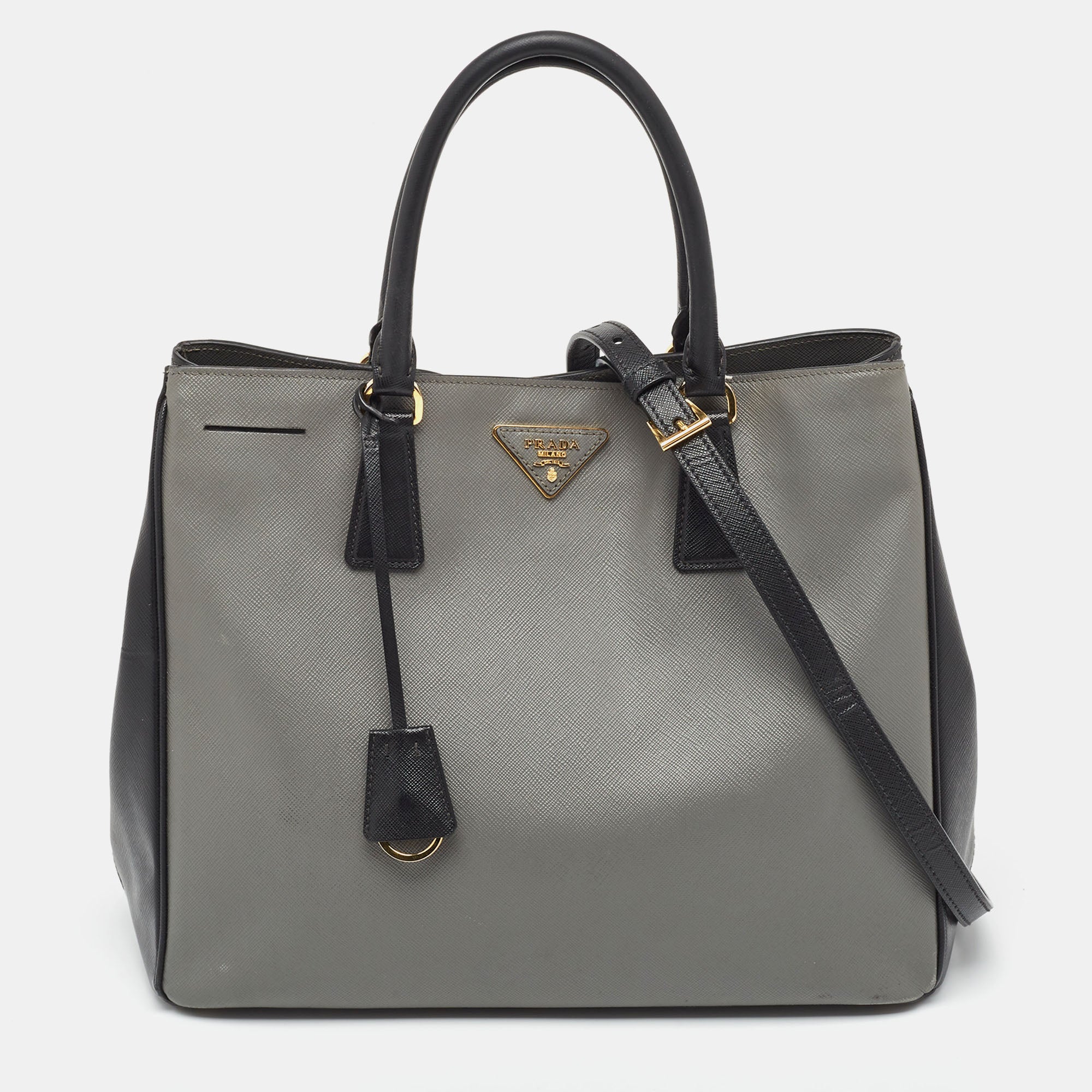 image of PRADA Black/Grey Saffiano Lux Leather Colorblock Galleria Tote