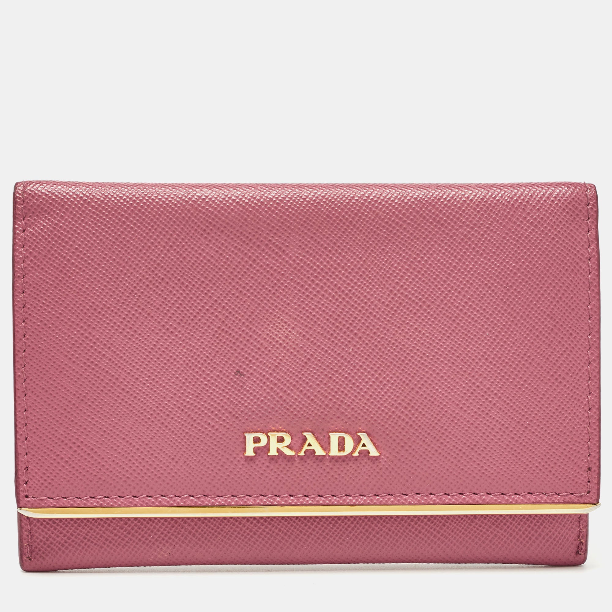 Pink Saffiano Leather Flap Metal Card Holder